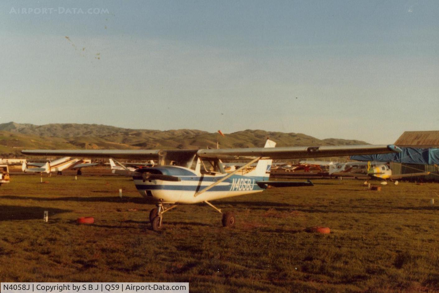 N4058J, 1966 Cessna 150G C/N 15065358, 58J at the Fremont airport (Calif) in 1984.The Beech 18 in the back was the largest plane to fly in and out of Fremont in the 15 years I was there.Fremont had a narrow (and some felt rough) runway.