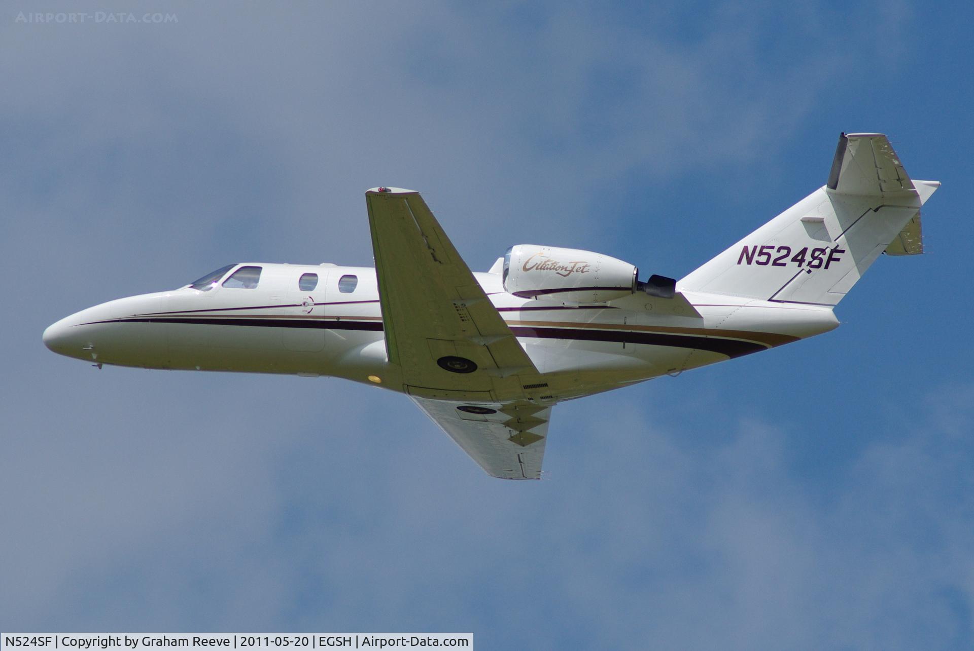N524SF, 1998 Cessna 525 CitationJet CJ1 C/N 525-0240, Departing from Norwich.