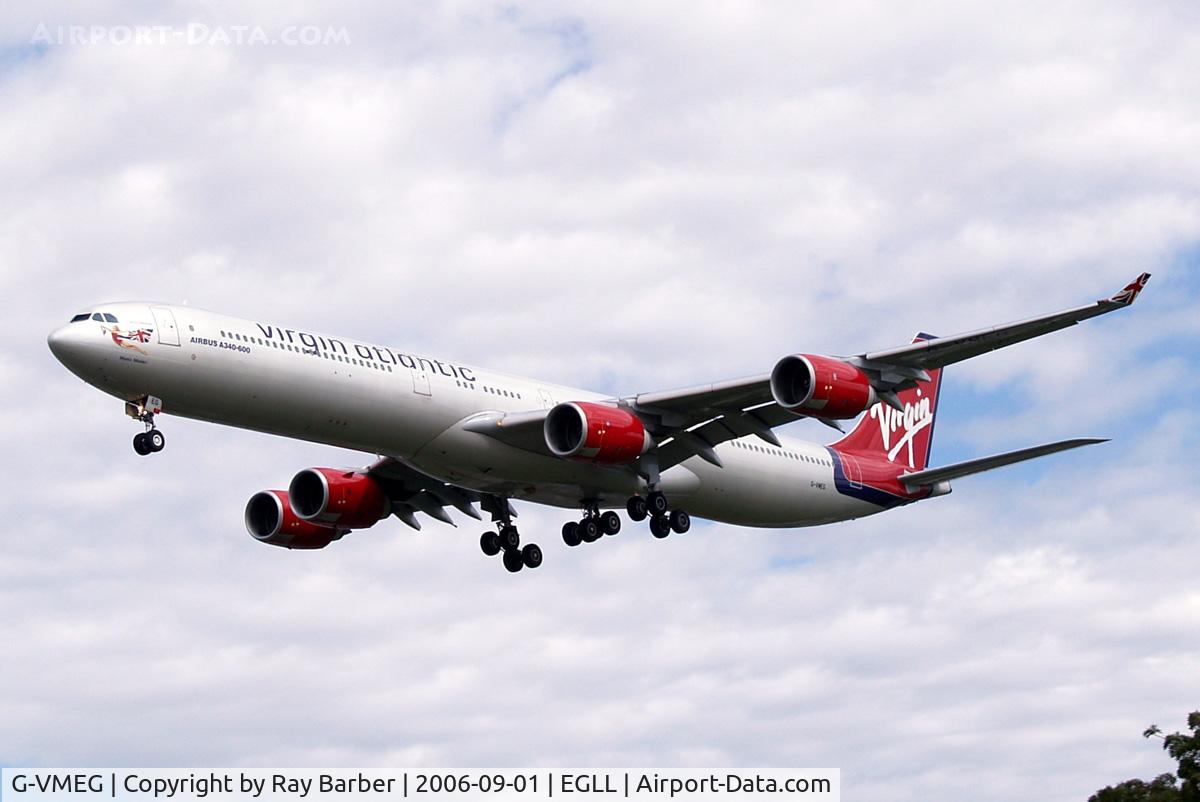 G-VMEG, 2002 Airbus A340-642 C/N 391, Airbus A340-642 [391] (Virgin Atlantic) Heathrow~G 01/09/2006. On finals 27L.