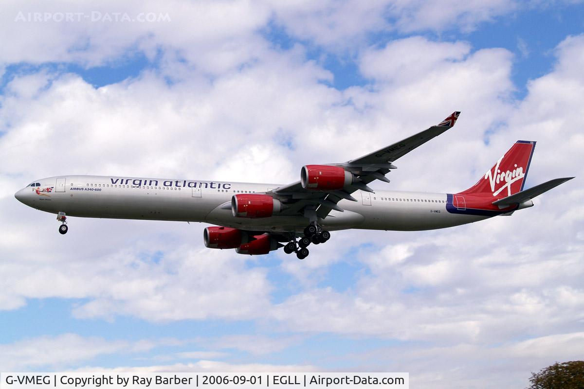 G-VMEG, 2002 Airbus A340-642 C/N 391, Airbus A340-642 [391] (Virgin Atlantic) Heathrow~G 01/09/2006. On finals 27L.