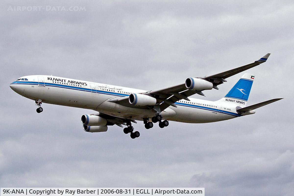 9K-ANA, 1995 Airbus A340-313 C/N 089, Airbus A340-313 [089] (Kuwait Airways) Heathrow~G 31/08/2006. On finals 27L.