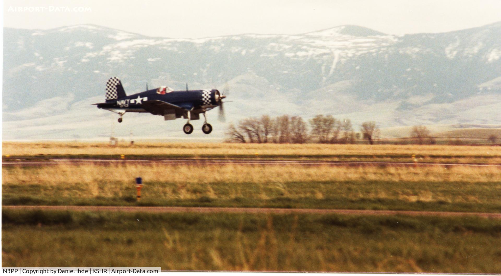 N3PP, 1941 Goodyear FG-1D Corsair C/N 3770, Corsair takes off at KSHR, early 1980's