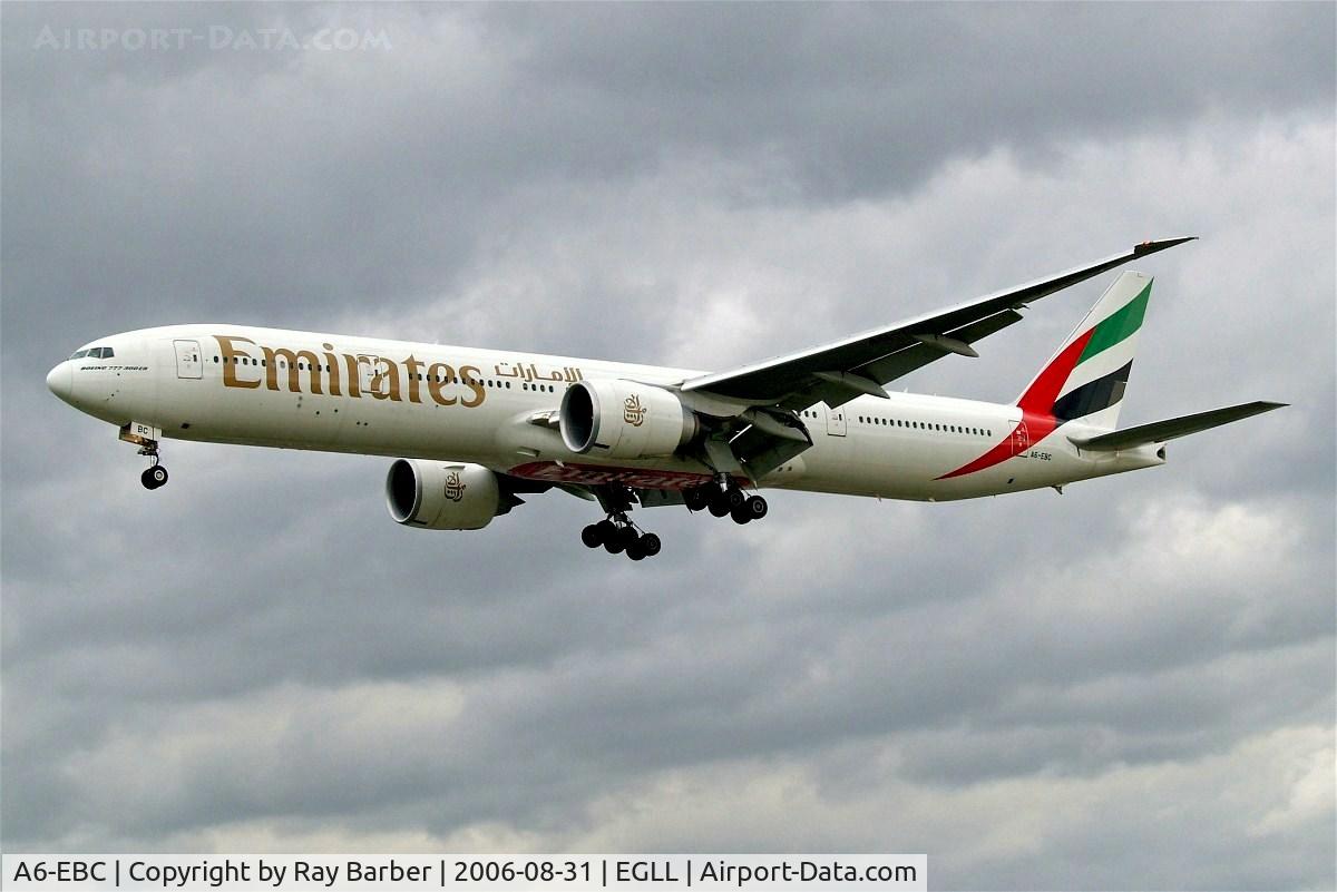 A6-EBC, 2005 Boeing 777-36N/ER C/N 32790, Boeing 777-31HER [32790] (Emirates Airlines) Heathrow~G 31/08/2006. On finals 27L.