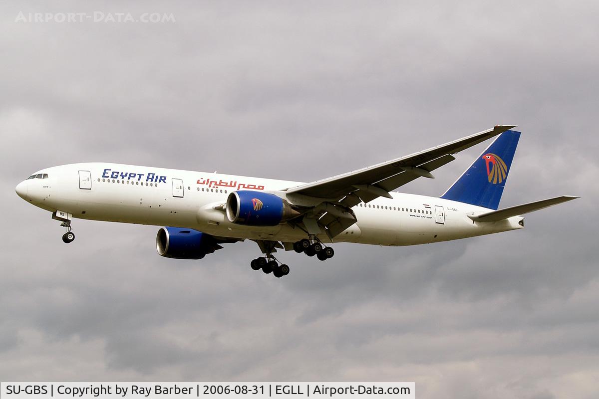 SU-GBS, 1997 Boeing 777-266/ER C/N 28425, Boeing 777-266ER [28425] (EgyptAir) Heathrow~G 31/08/2006. On finals 27L.