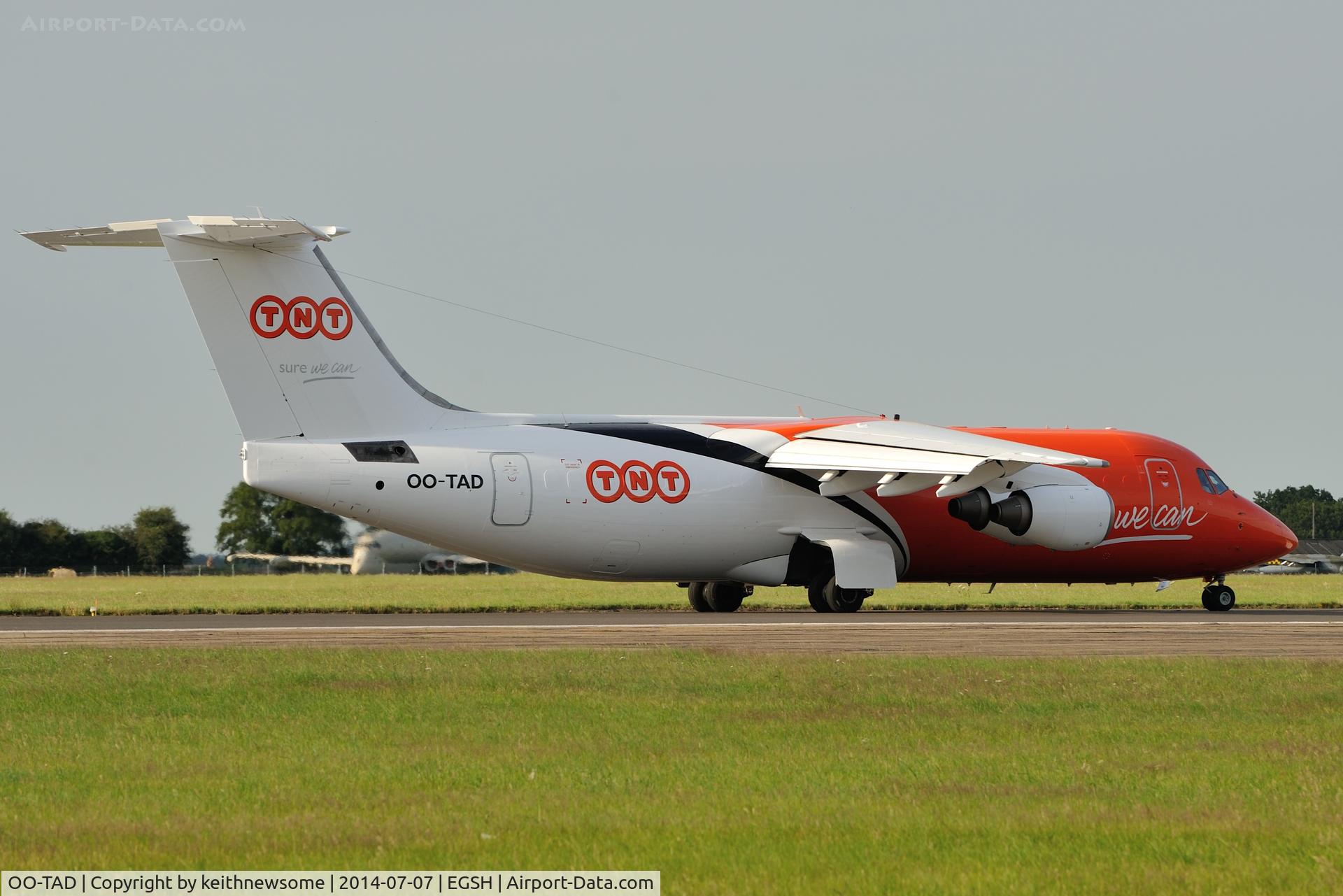 OO-TAD, 1990 British Aerospace BAe.146-300 C/N E3166, Leaving following re-spray.