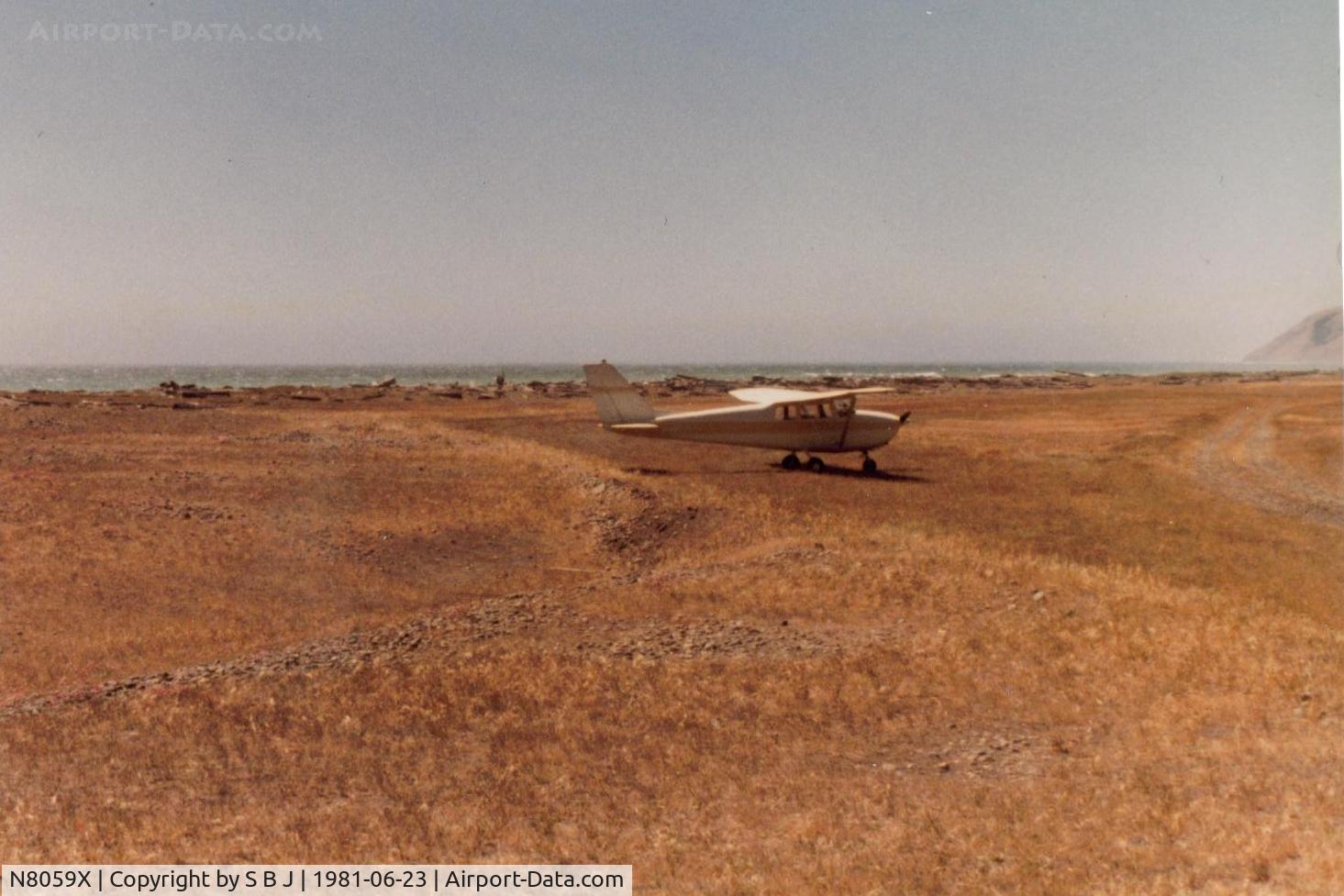 N8059X, 1961 Cessna 172B C/N 17248559, 59X at Big Flat (6 miles north of Shelter Cove,Ca) in 1981.Was used by many pilots for fly ins & camping until it became a national wilderness area known as The Lost Coast. O well.