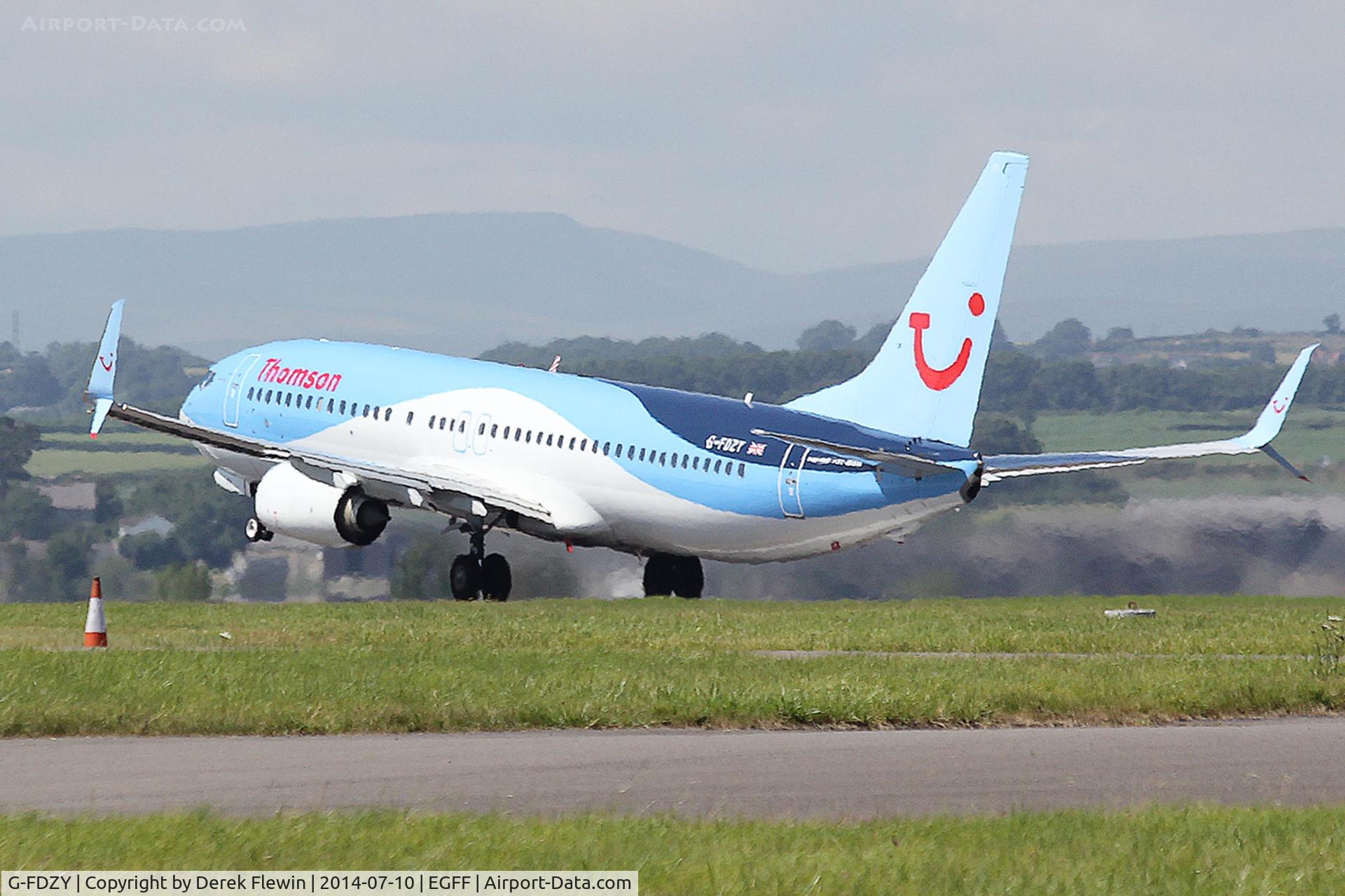 G-FDZY, 2011 Boeing 737-8K5 C/N 37261, Boeing 737-8K5, callsign Thomson 708, departing runway 30 at EGFF, en-route Dalaman.