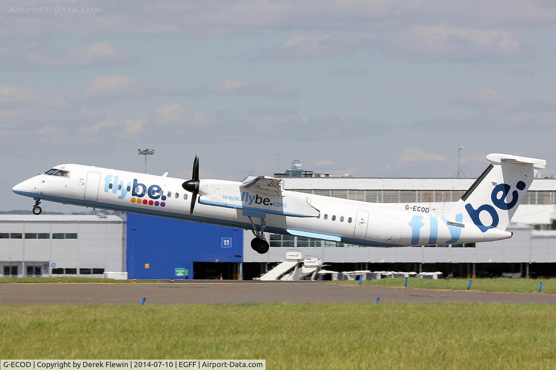G-ECOD, 2008 De Havilland Canada DHC-8-402Q Dash 8 C/N 4206, Canada DHC-8, call sign Jersey 6MA, departing runway 30 at EGFF, en-route Belfast City.