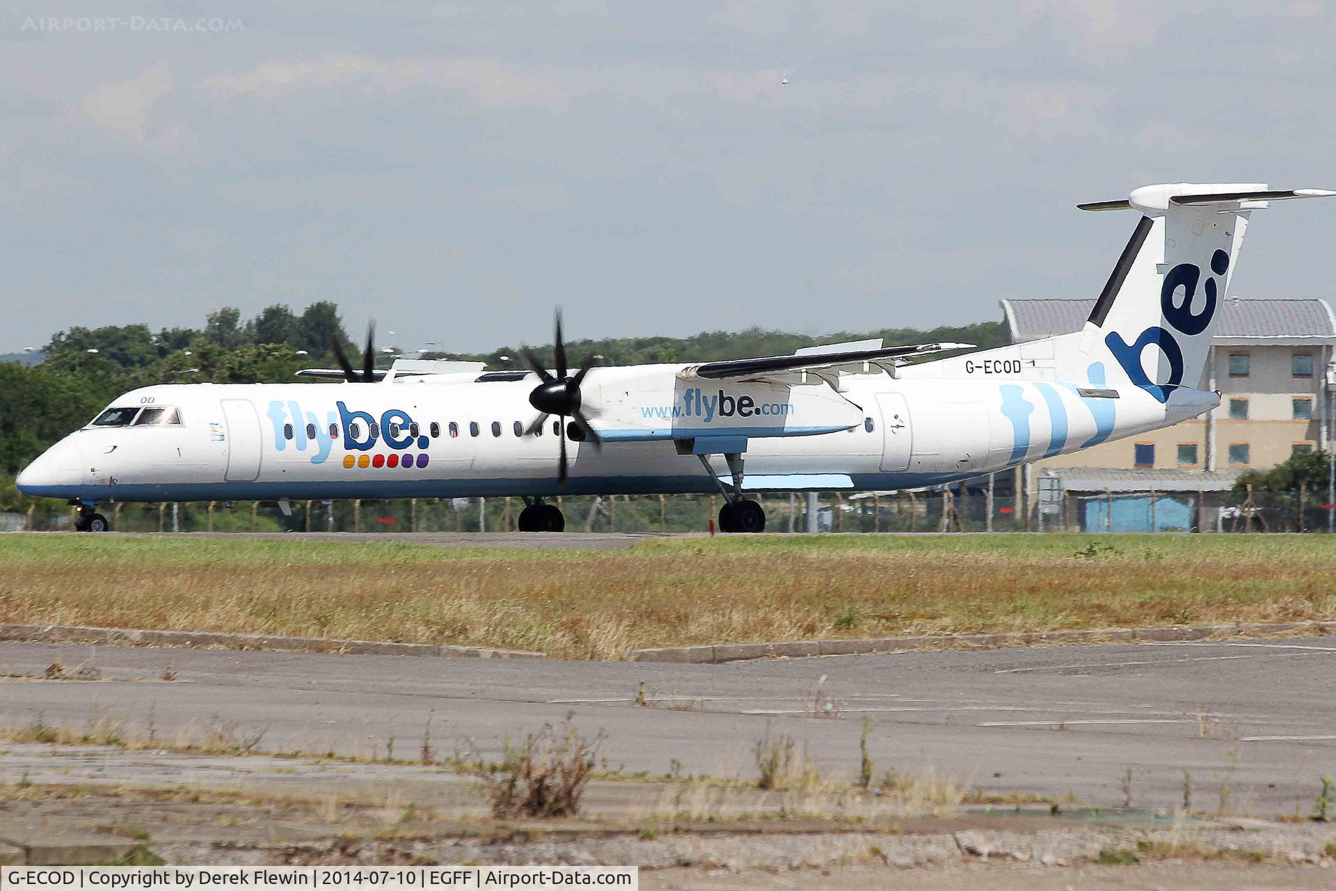 G-ECOD, 2008 De Havilland Canada DHC-8-402Q Dash 8 C/N 4206, Dash 8, call sign Jersey 9TP, landing on runway 30 at EGFF, out of Belfast City.