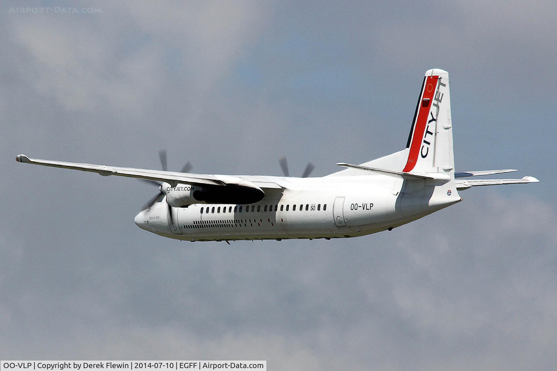 OO-VLP, 1991 Fokker 50 C/N 20209, Fokker F50, call sign City Ireland 86C, departing runway 30 at EGFF, en-route Paris Orly.