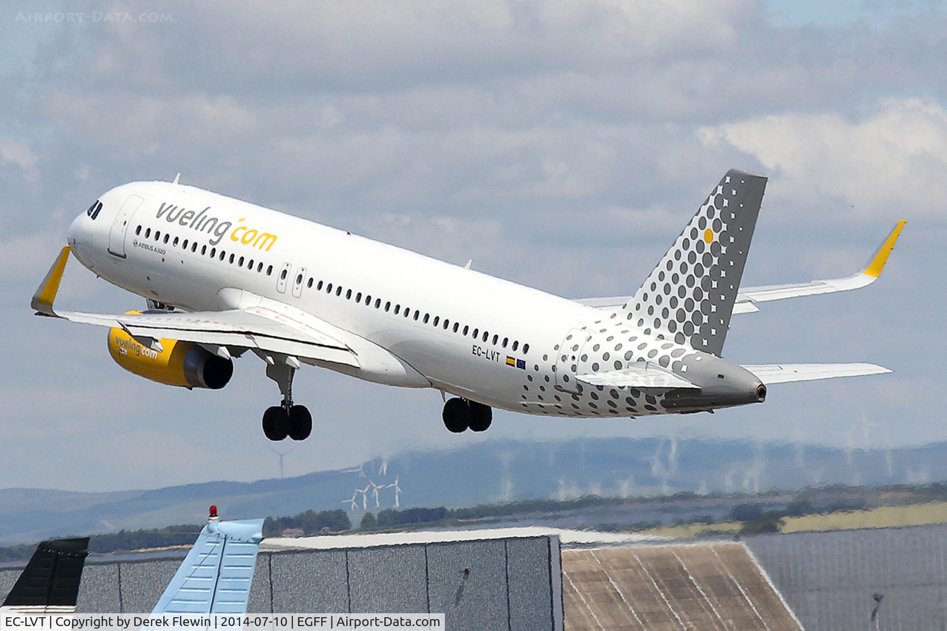 EC-LVT, 2013 Airbus A320-232 C/N 5612, Seen departing runway 30 at EGFF,  Airbus A320-232, call sign Vueling 1243, en-route Palma Mallorca.