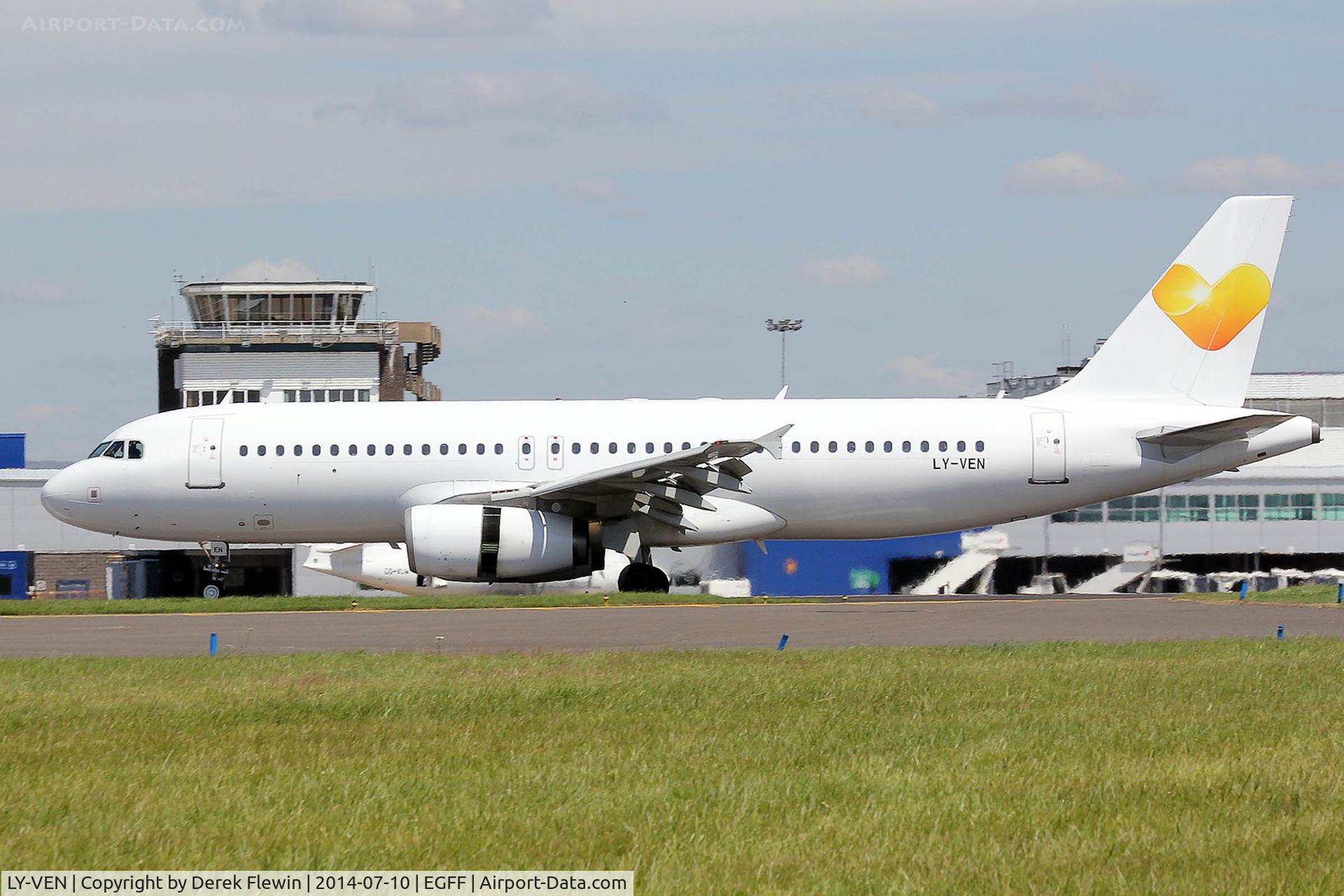 LY-VEN, 2001 Airbus A320-233 C/N 1626, airbus A320-233, callsign Kestrel 32NX, seen landing on runway 30 at EGFF, out of Zakynthos, seen with its reverse thruster doors open.