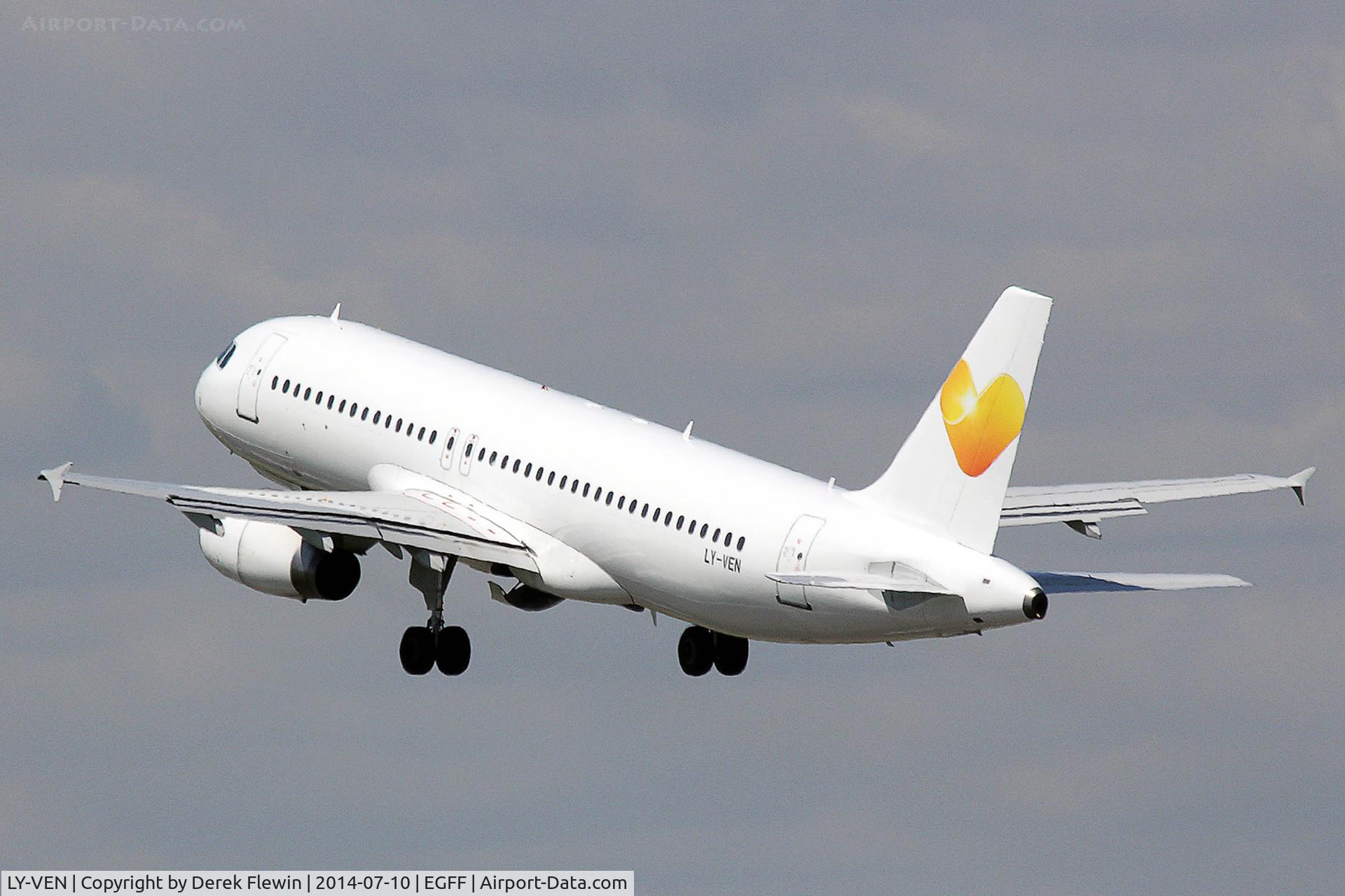LY-VEN, 2001 Airbus A320-233 C/N 1626, Airbus A320-233, call sign Kestrel 23FV, seen departing runway 30 at EGFF, en-route Lanzarote.