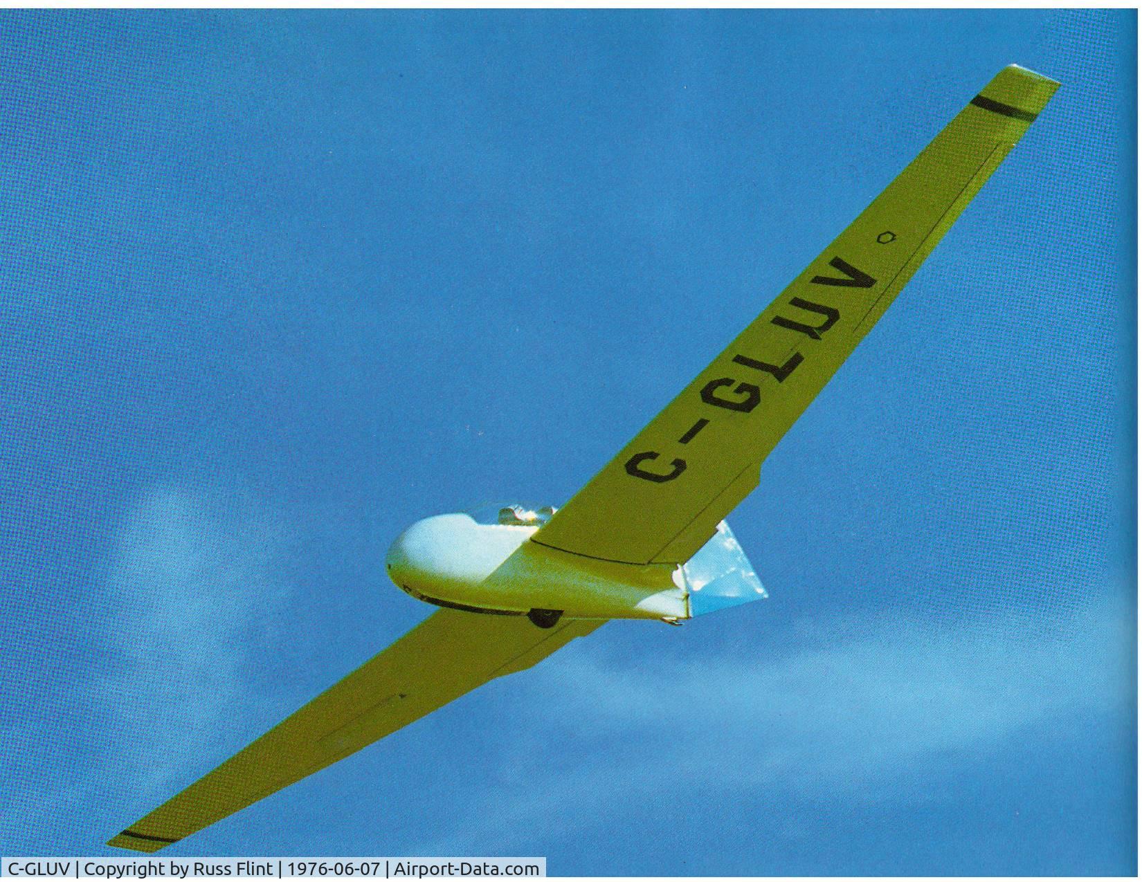 C-GLUV, 1975 Marske Pioneer II C/N 9, Pioneer II, home-built by Russ Flint in Winnipeg; first flight 28 June 1975.  13m wingspan.  Wood and fabric wings, welded steel frame fuselage with manufactured fibreglass shell (structural).