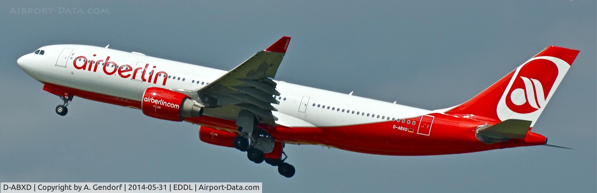 D-ABXD, 2007 Airbus A330-243 C/N 822, Air Berlin, is here powerful taking off at Düsseldorf Int'l(EDDL), bound for Tenerife South(GCTS)