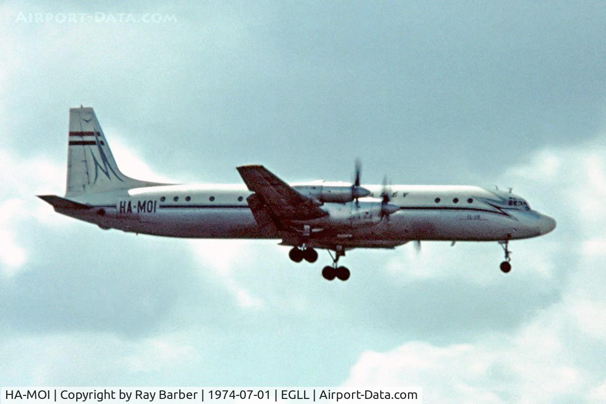 HA-MOI, Ilyushin Il-18D C/N 187010002, HA-MOI   Ilyushin Il-18D [187010002] (Malev) Heathrow~G 01/07/1974. On finals 28R. Date approximate. Taken from a slide.
