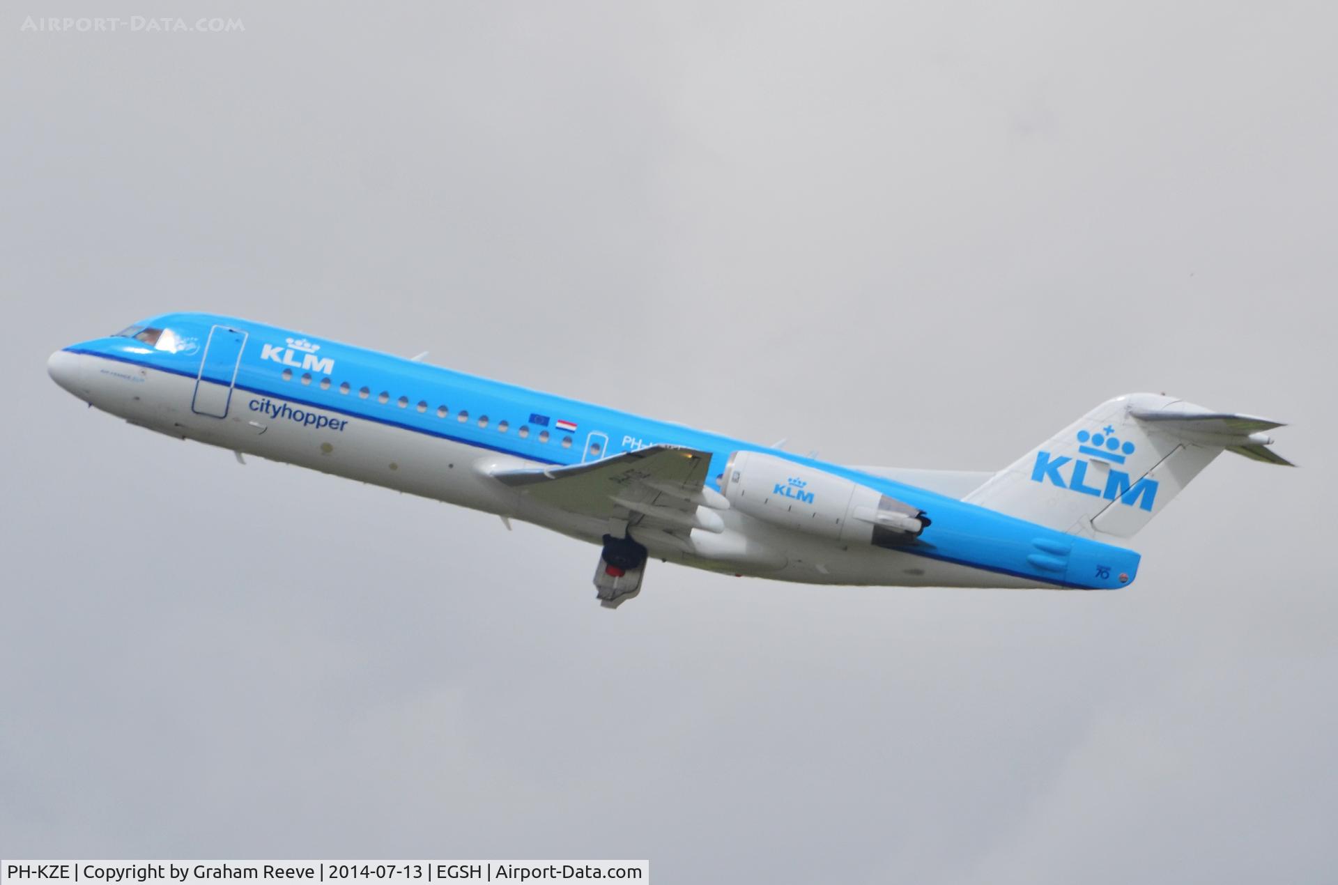 PH-KZE, 1996 Fokker 70 (F-28-0070) C/N 11576, Taking off from Norwich.