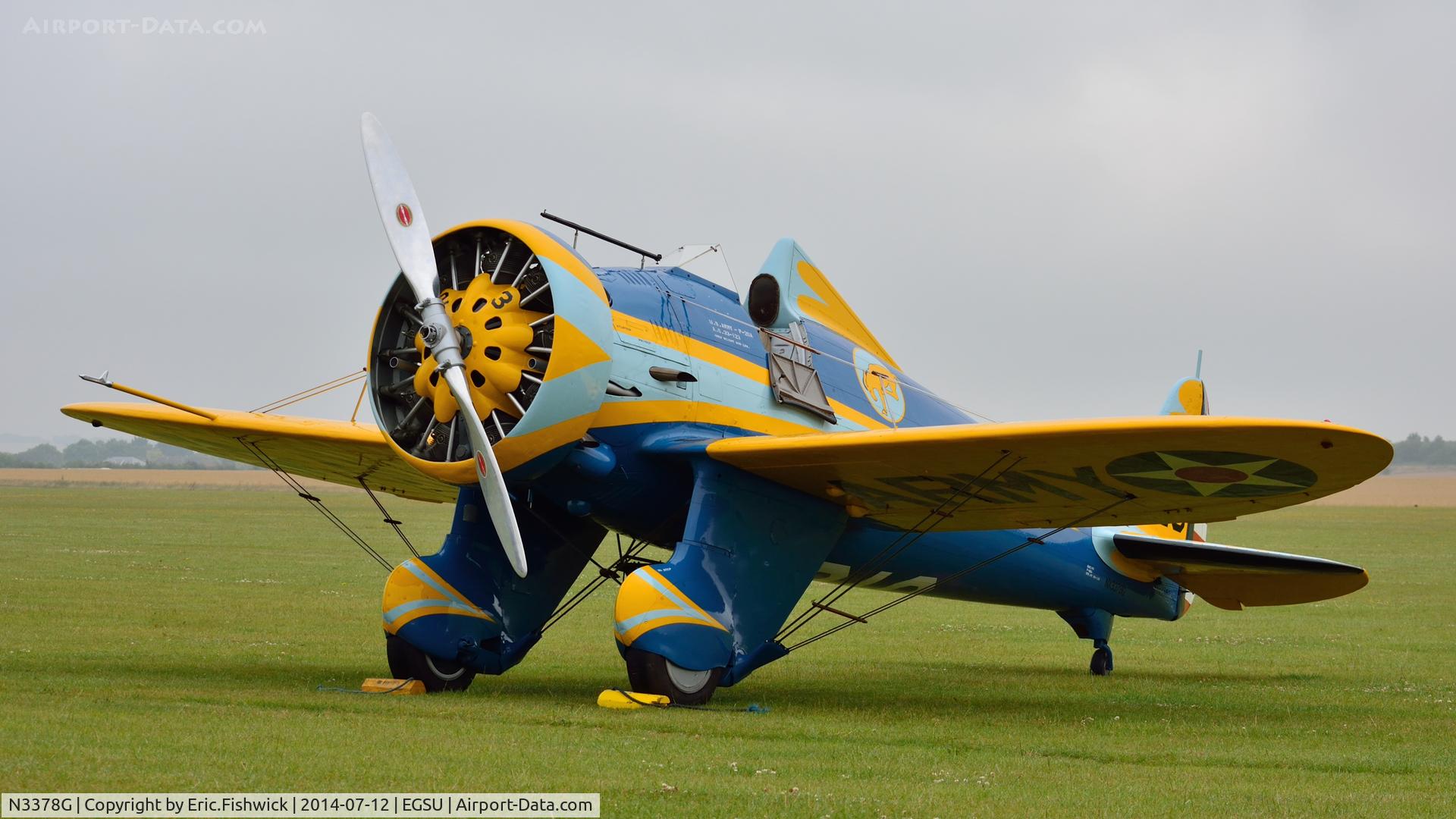 N3378G, 1933 Boeing P-26 Peashooter C/N 33123, 3. N3378G 'Peashooter' emerging from the morning mist at The Flying Legends Air Show, IWM Duxford. July,2014. (*'The only flying P-26 in the World.')