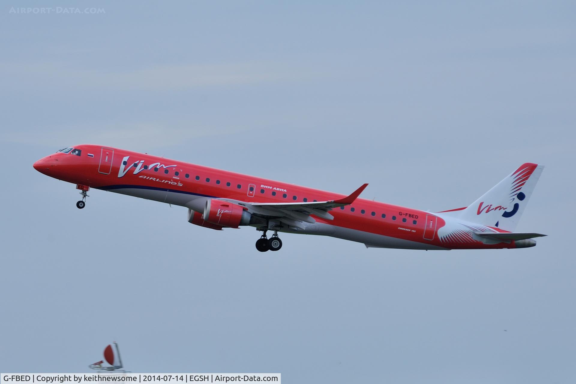 G-FBED, 2007 Embraer 195LR (ERJ-190-200LR) C/N 19000084, Leaving following spray to VIM airlines colour scheme.