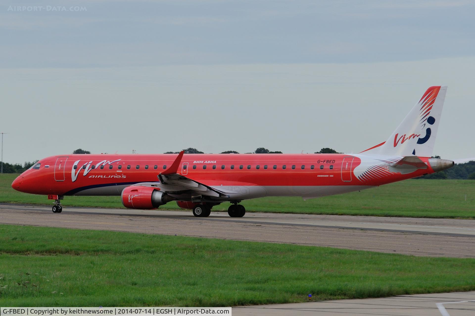 G-FBED, 2007 Embraer 195LR (ERJ-190-200LR) C/N 19000084, Leaving following spray to VIM airlines colour scheme.