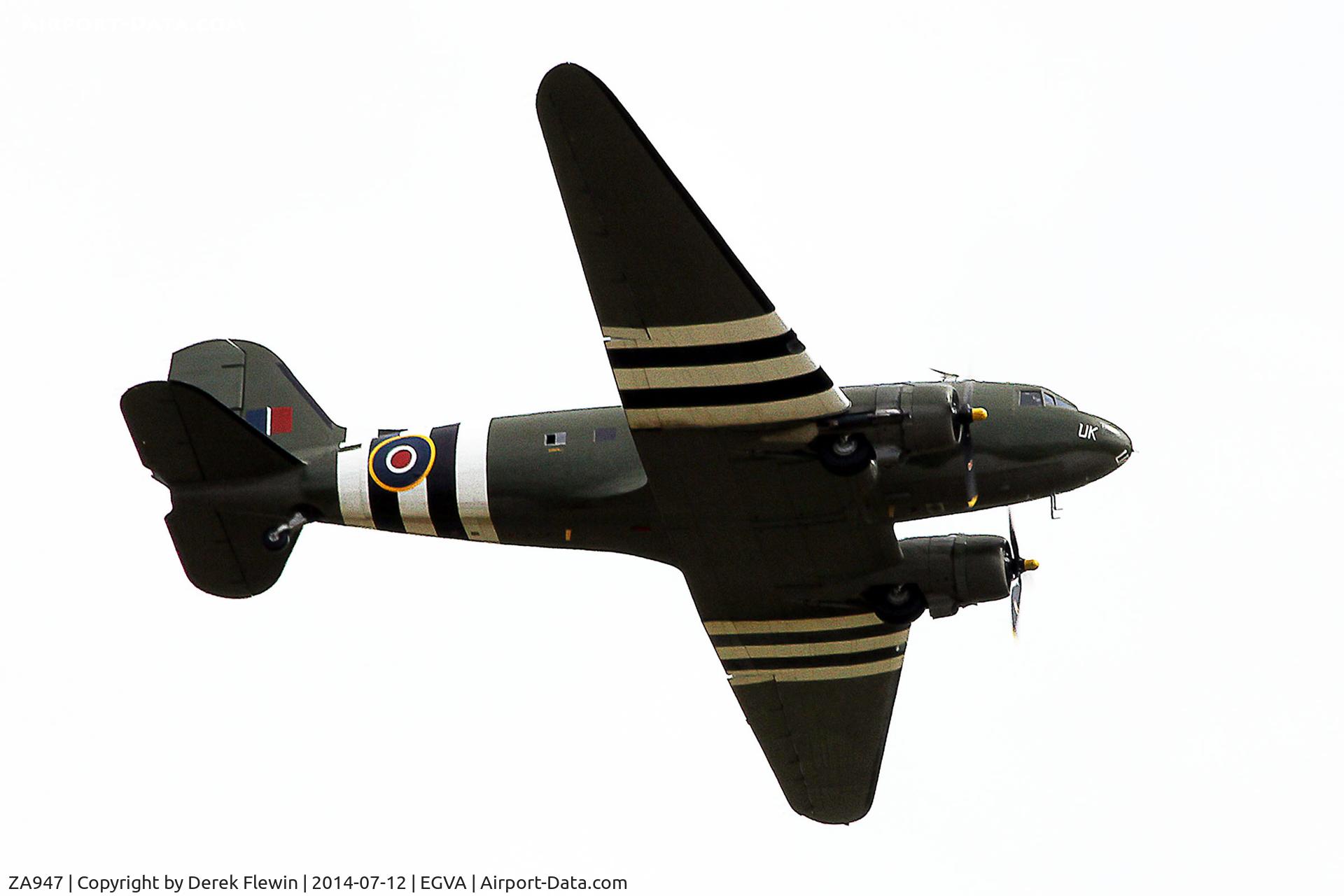 ZA947, 1943 Douglas C-47A-60-DL Dakota III C/N 10200, RIAT 2014, Dakota C.3, Battle of Britain Memorial Flight, seen overflying the Domestic Site at RAF Fairford.