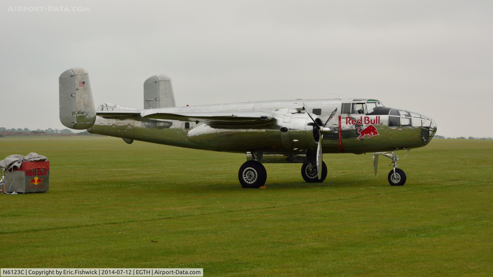 N6123C, 1945 North American B-25J-30-NC Mitchell Mitchell C/N 108-47647, 2. N6123C emerging from the mist at The Flying Legends Air Show, IWM Duxford. July,2014.