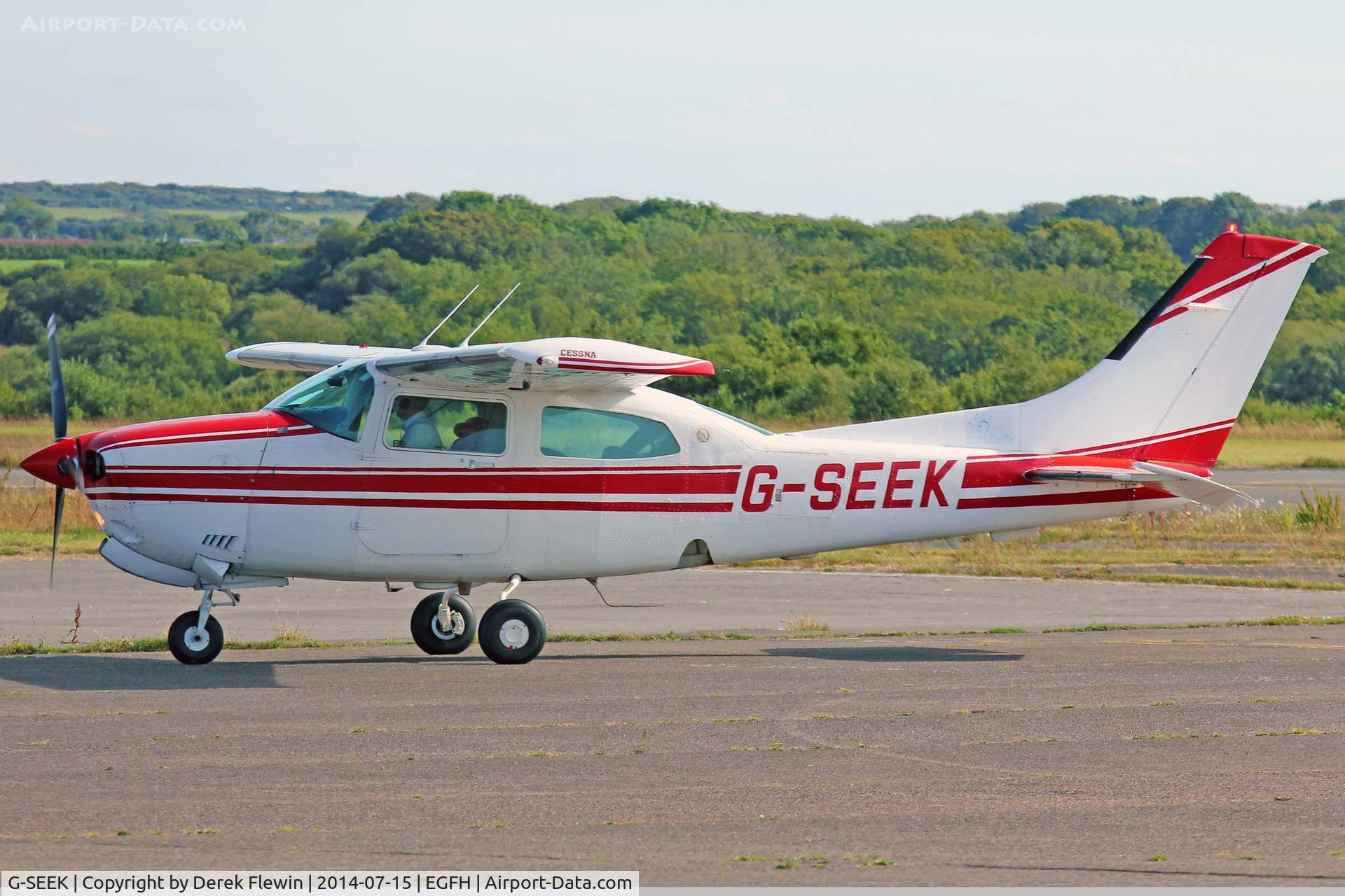 G-SEEK, 1982 Cessna T210N Turbo Centurion C/N 21064579, Visiting Turbo Centurian, seen taxxing to the stand at EGFH for an overnight stop.