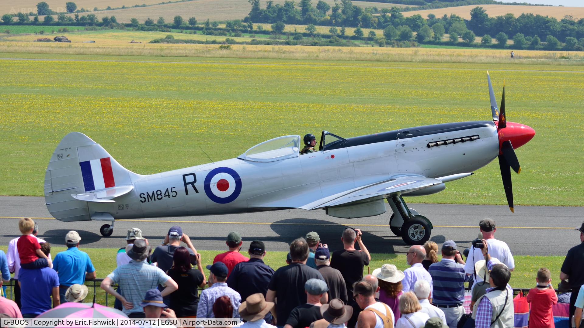 G-BUOS, 1945 Supermarine 394 Spitfire FR.XVIIIe C/N 6S/672224, 4. G-BUOS preparing to fly in formation at The Flying Legends Air Show, IWM Duxford. July,2014.