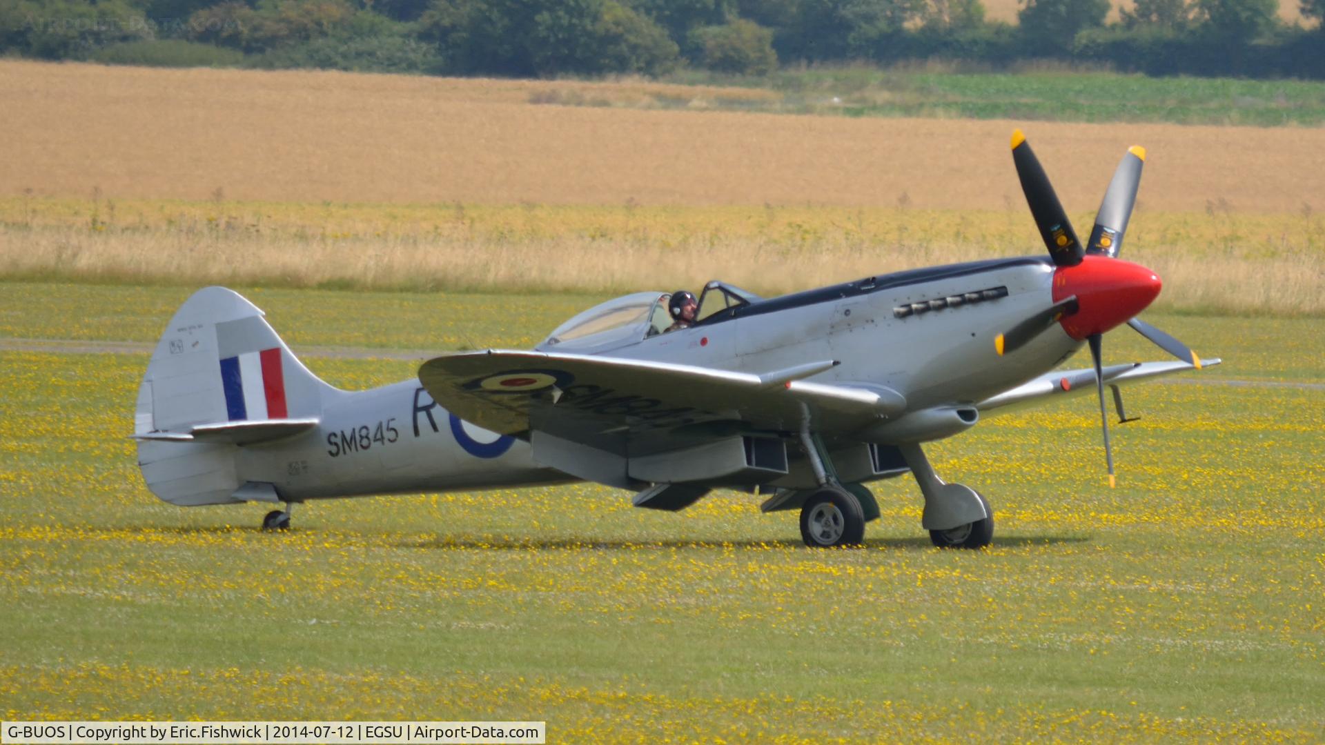 G-BUOS, 1945 Supermarine 394 Spitfire FR.XVIIIe C/N 6S/672224, 2. G-BUOS (previously SE-BIN) at The Flying Legends Air Show, IWM Duxford. July,2014.