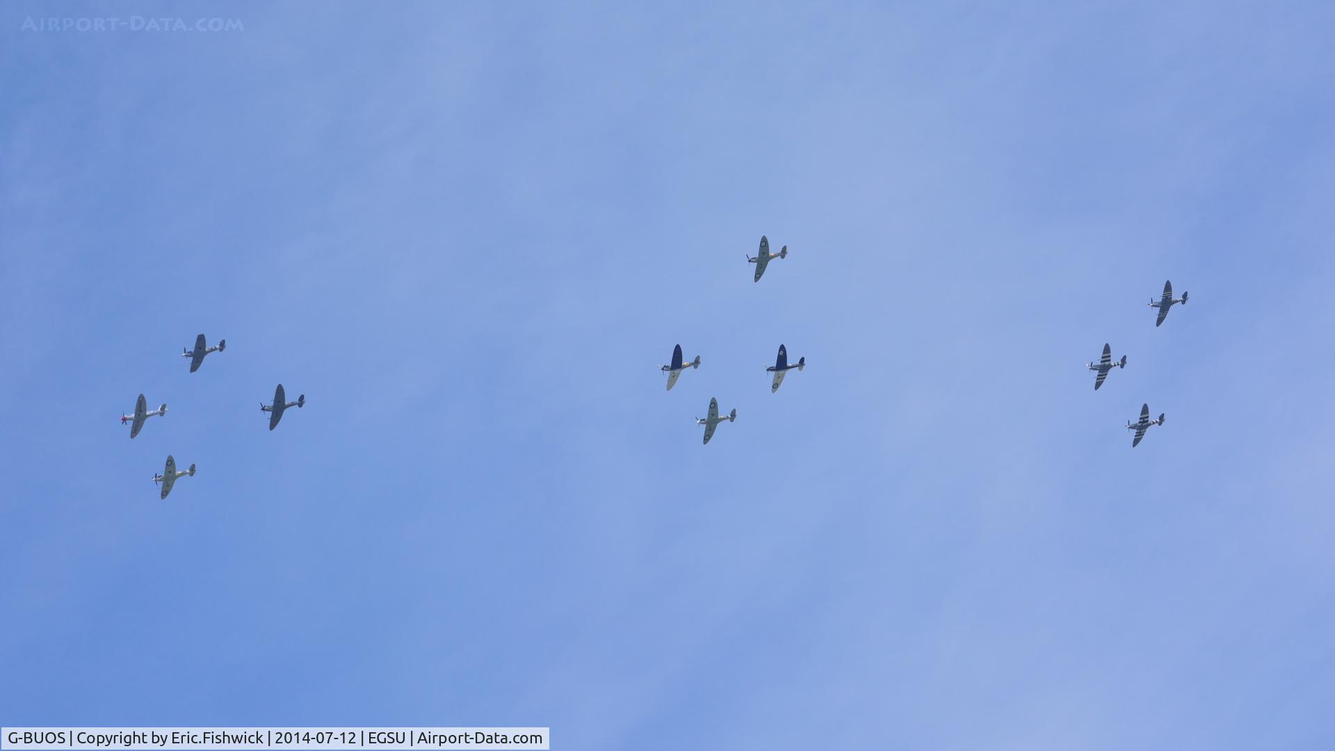 G-BUOS, 1945 Supermarine 394 Spitfire FR.XVIIIe C/N 6S/672224, 45. G-BUOS - leading another ten magnificent Spitfires at The Flying Legends Air Show, IWM Duxford. July,2014.