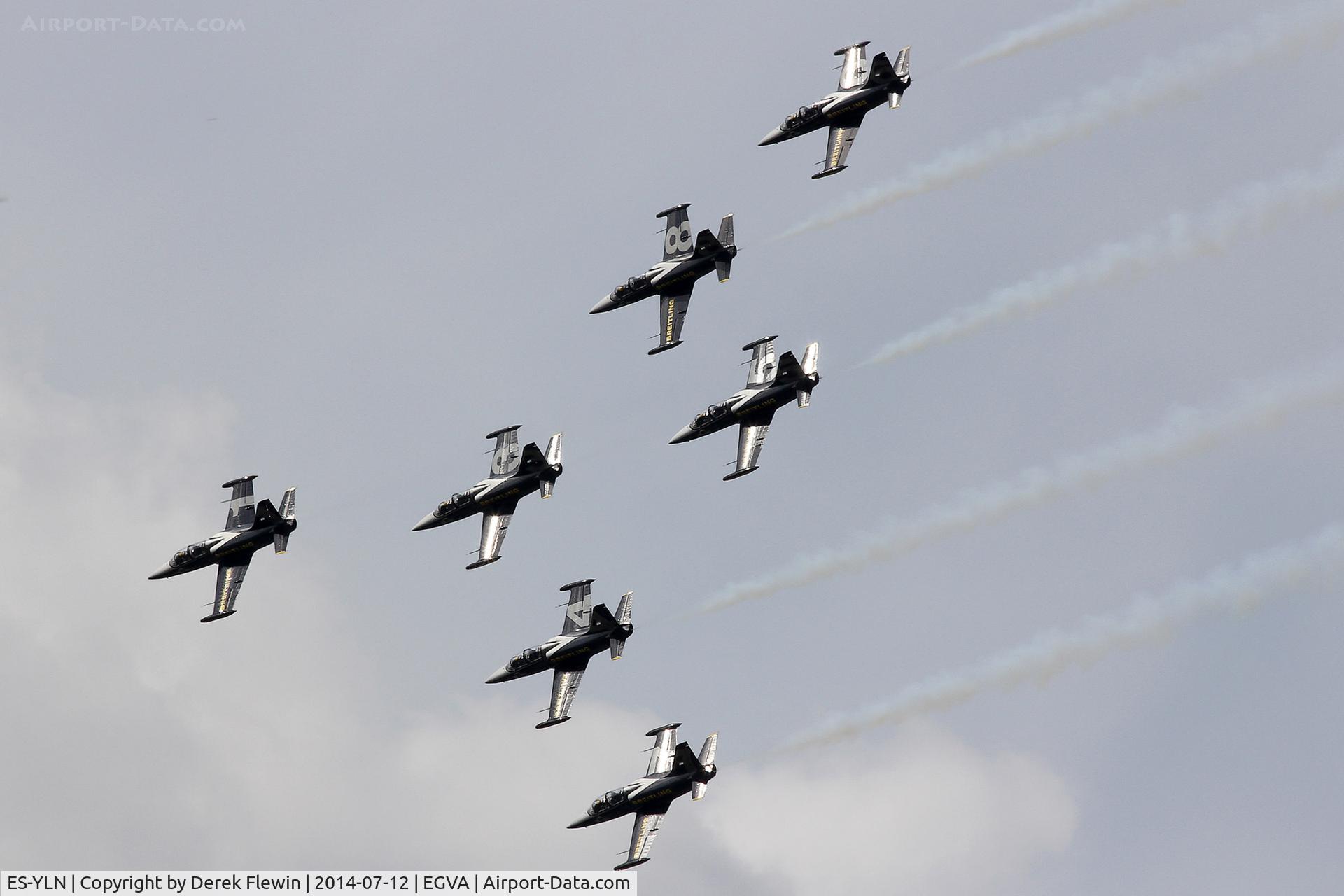 ES-YLN, Aero L-39C Albatros C/N 533637, RIAT 2014, L-39C Albatros, Breitling Jet Team, led by, Jacques Bathelin, Speedy. setting up the display over the Domestic Site at RAF Fairford.