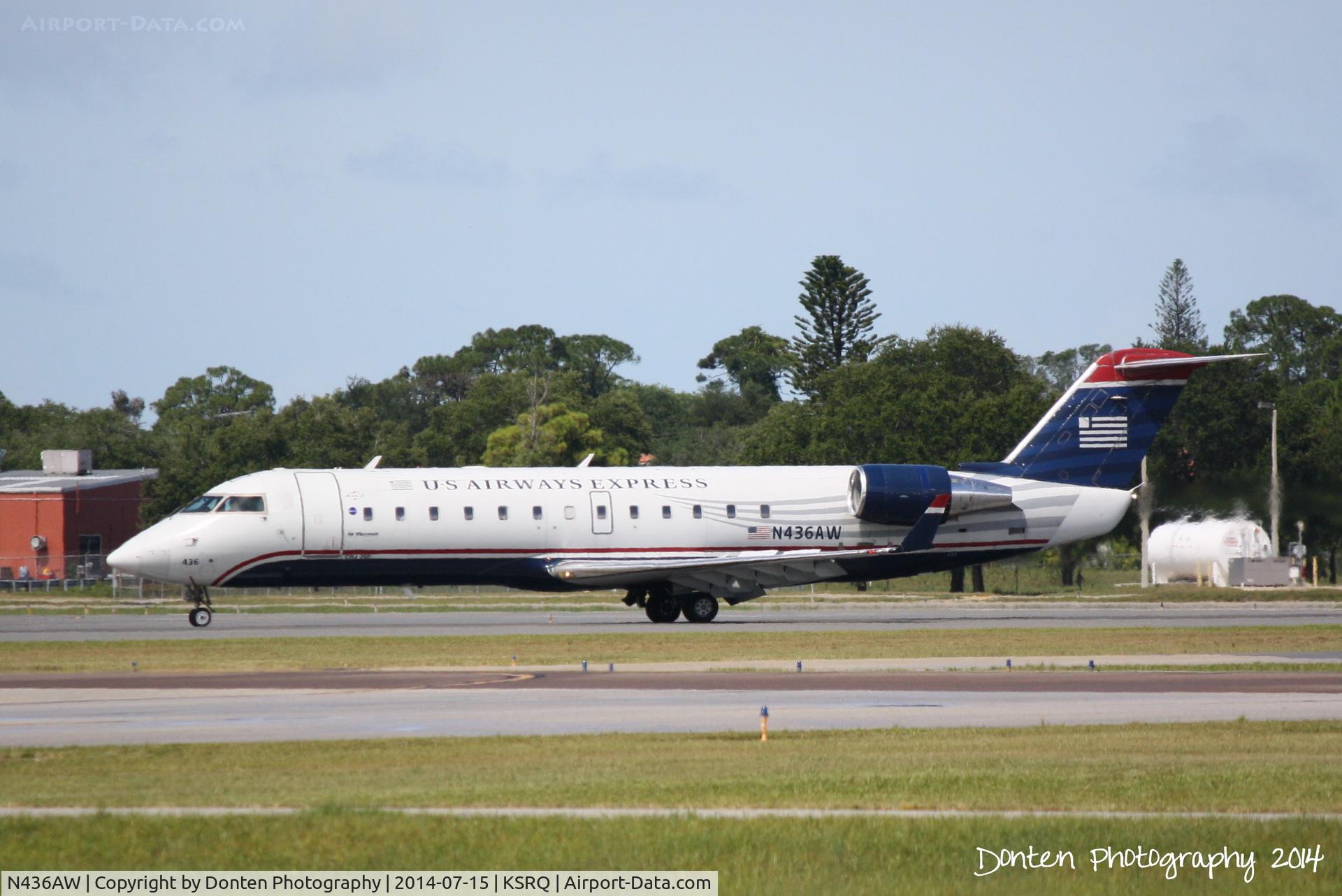N436AW, 2002 Bombardier CRJ-200LR (CL-600-2B19) C/N 7734, US Air Flight 4023 operated by Air Wisconsin (N436AW) arrives at Sarasota-Bradenton International Airport following a flight from Reagan National Airport