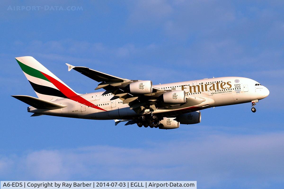 A6-EDS, 2011 Airbus A380-861 C/N 086, Airbus A380-861 [086] (Emirates Airlines) Home~G 03/07/2014. On approach 27L . Now with 
