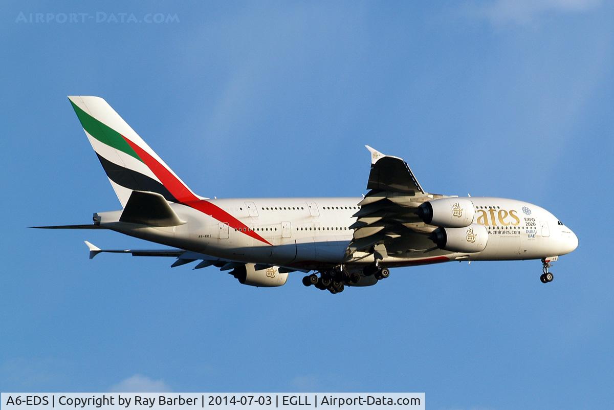 A6-EDS, 2011 Airbus A380-861 C/N 086, Airbus A380-861 [086] (Emirates Airlines) Home~G 03/07/2014. On approach 27L . Now with 