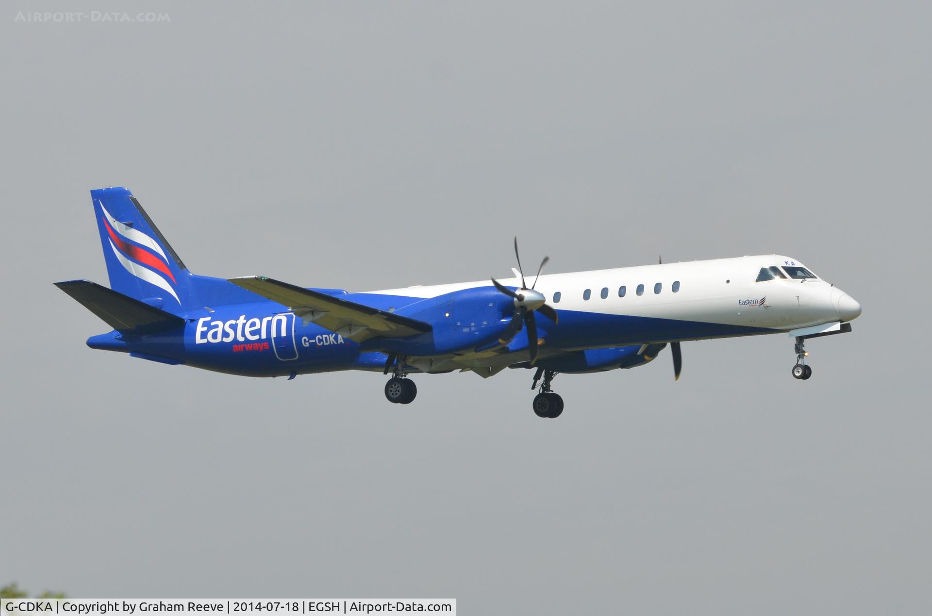 G-CDKA, 1993 Saab 2000 C/N 2000-006, About to land at Norwich.