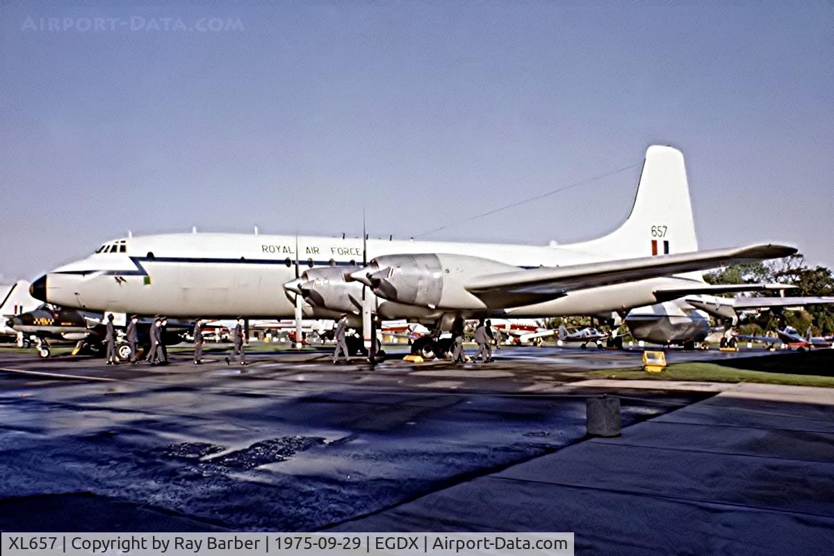 XL657, 1959 Bristol Britannia C.1 (175 Britannia 253F) C/N 13454, Bristol Britannia C.1 [13454] (Royal Air Force) RAF St. Athan~G 20/09/1975. From a slide.