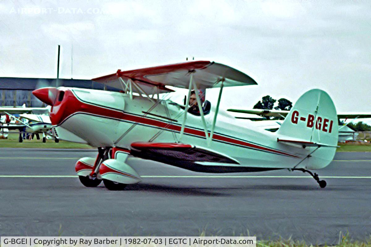 G-BGEI, 1980 Oldfield Baby Lakes C/N PFA 010-10016, Oldfield Baby Great Lakes [PFA 010-10016] Cranfield~G 03/07/1982. From a slide.