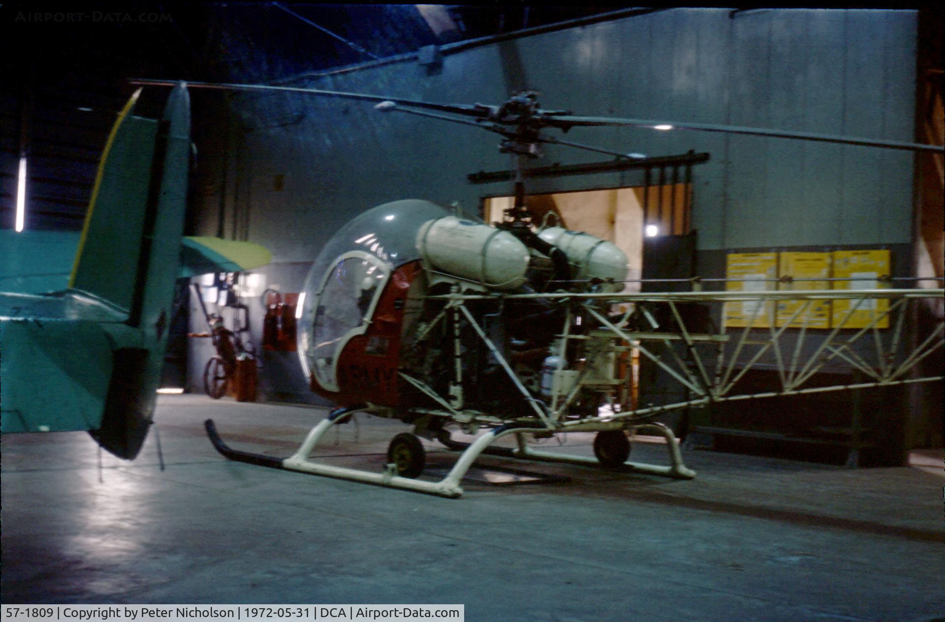 57-1809, 1957 Bell OH-13H Sioux C/N 2047, OH-13H Sioux in use as an instructional airframe by the University of DC at Washington National - as the airport was known in 1972.