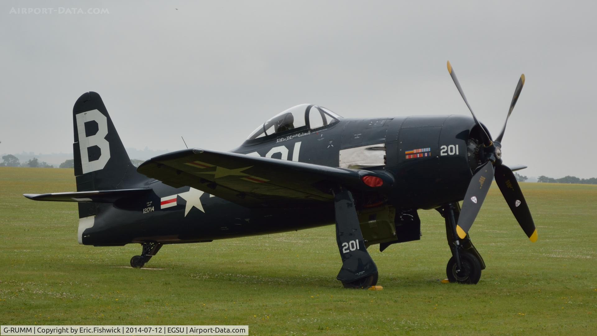G-RUMM, 1948 Grumman F8F-2 (G58) Bearcat C/N D.1088, 3. 121714 emerging from the morning mist at The Flying Legends Air Show, IWM Duxford. July,2014.