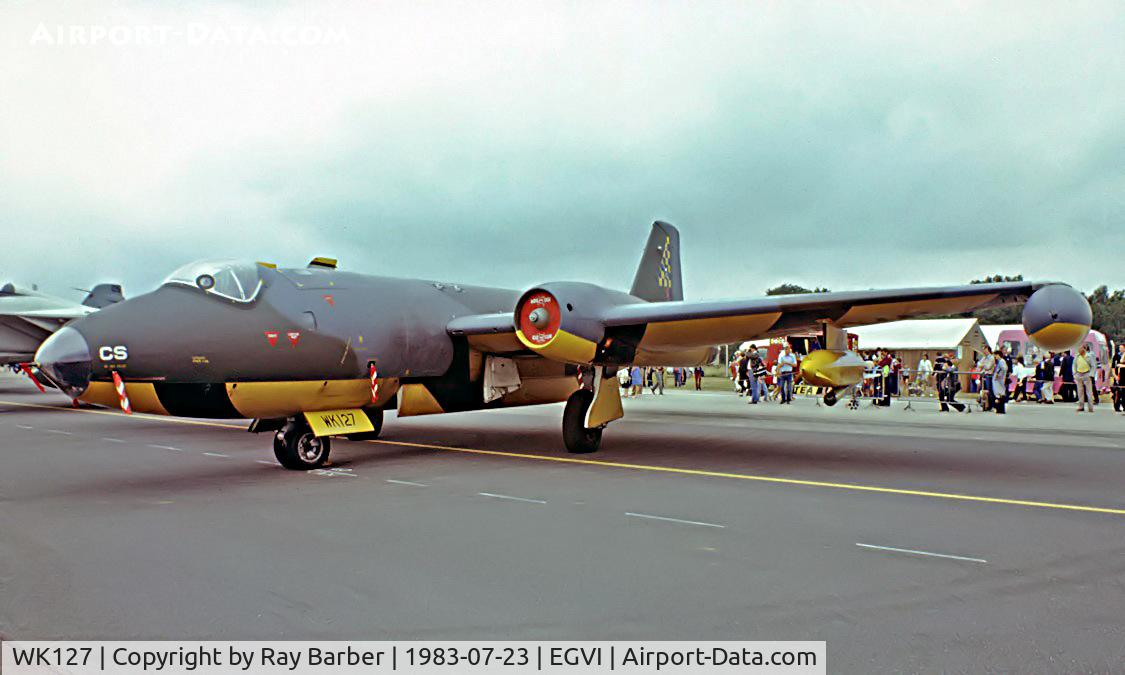 WK127, 1954 English Electric Canberra TT.18 C/N R3/EA3/6641, English Electric Canberra TT.18 [R3/EA3/6641] (Royal Air Force) RAF Greenham Common~G 23/07/1983 From a slide.