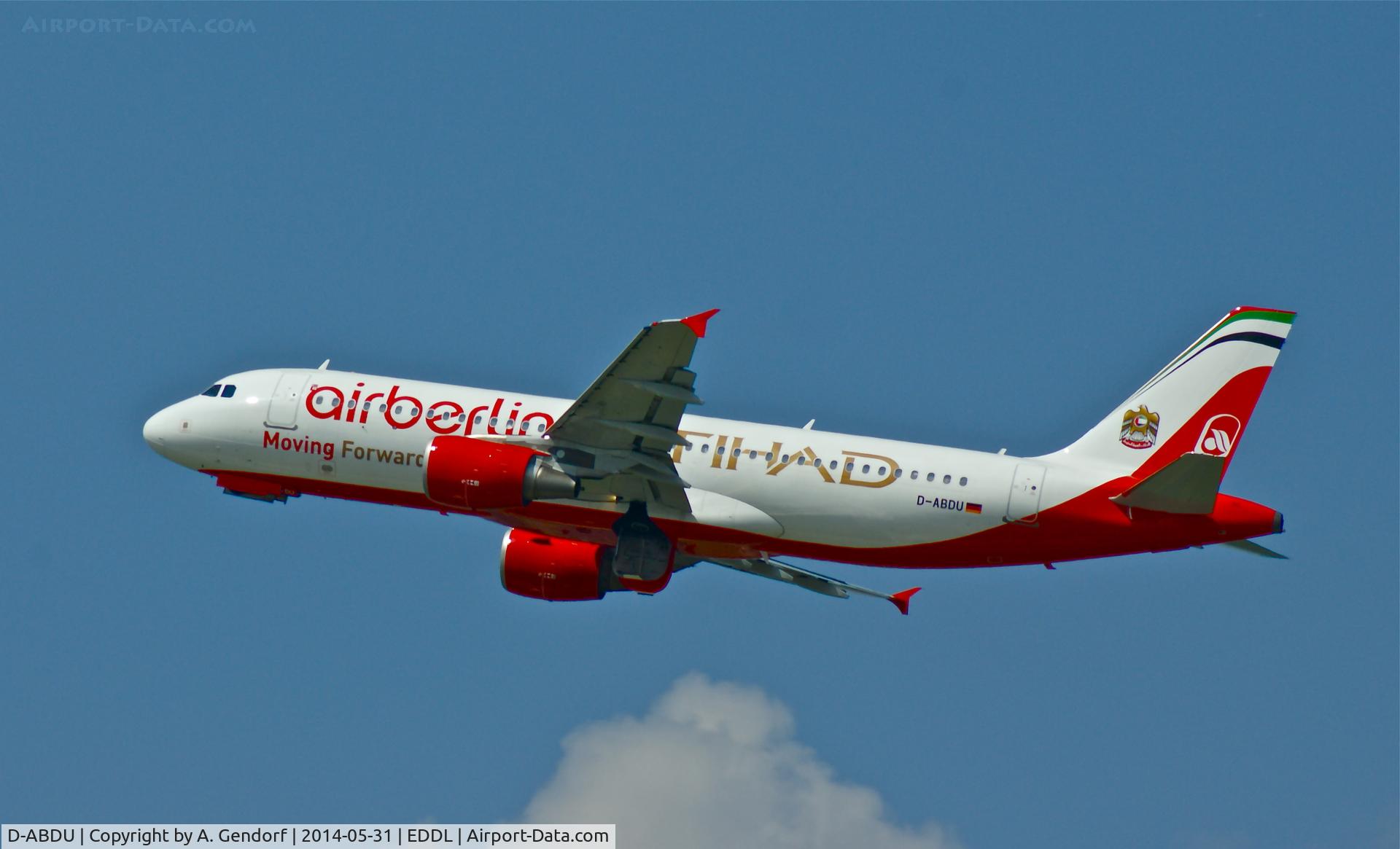 D-ABDU, 2008 Airbus A320-214 C/N 3516, Air Berlin (Moving forward cs.), is here taking off in the blue sky at Düsseldorf Int'l(EDDL)