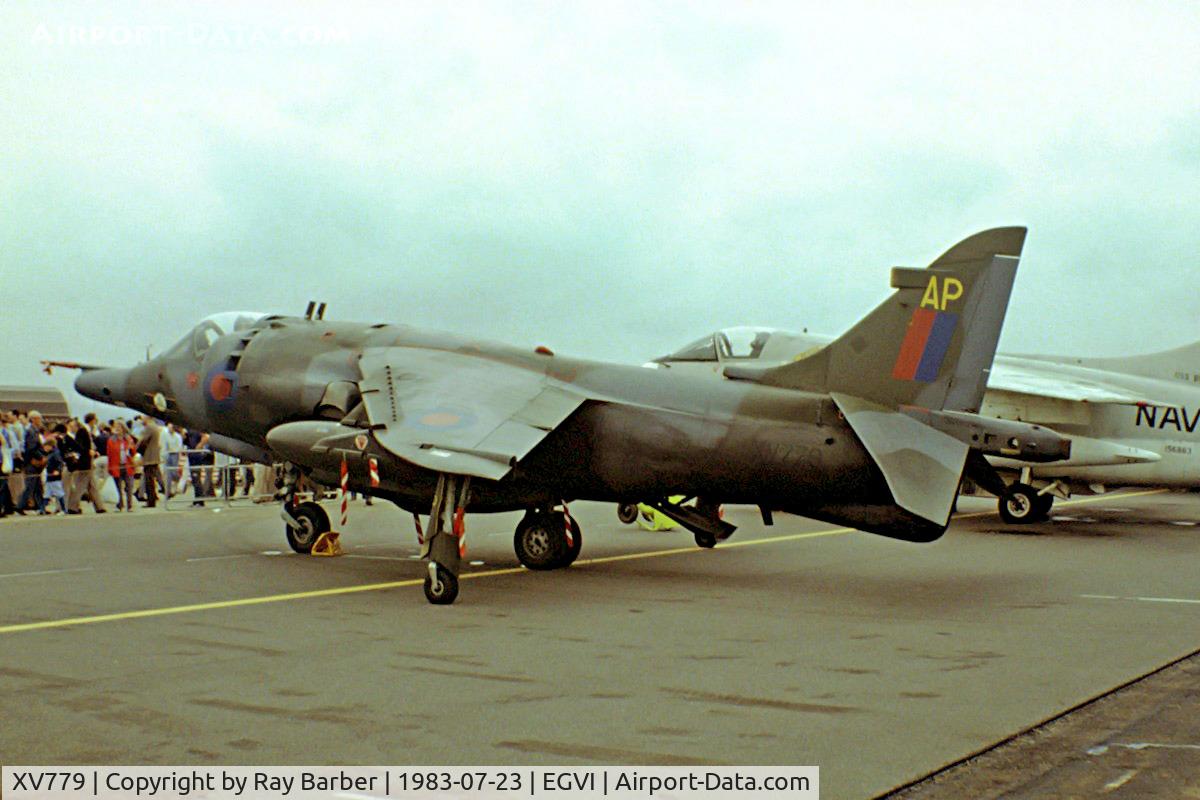XV779, 1970 Hawker Siddeley Harrier GR.3 C/N 712029, BAe Systems Harrier GR.3 [712029] (Royal Air Force) RAF Greenham Common~G 23/07/1983. From a slide.