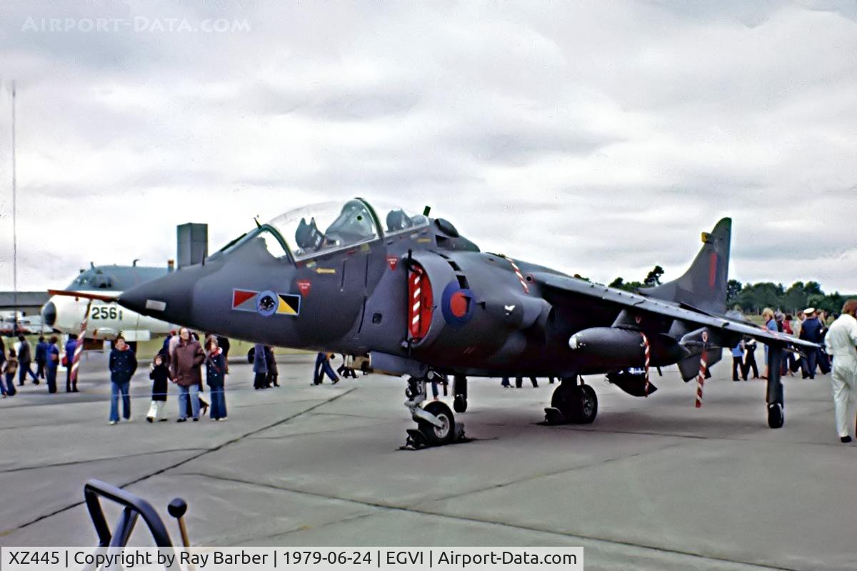 XZ445, 1979 British Aerospace Harrier T.4 C/N 212031, BAe Systems Harrier T.4A [41H-212031] (Royal Air Force) RAF Greenham Common~G 24/06/1979 .From a slide.