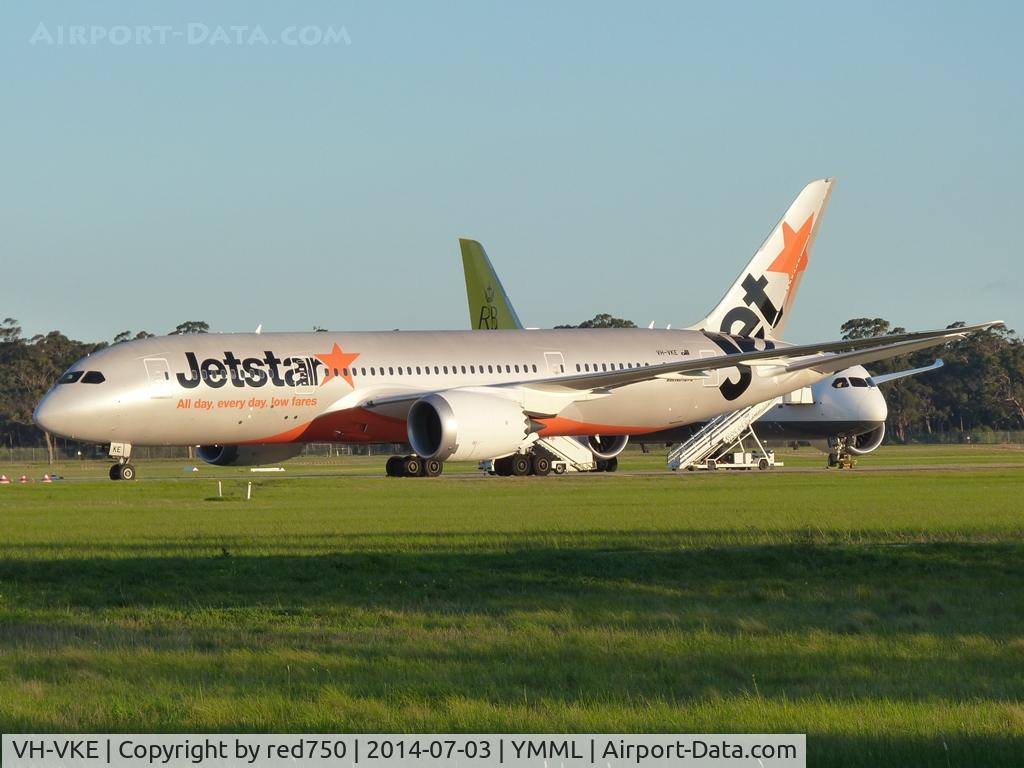 VH-VKE, 2014 Boeing 787-838 Dreamliner C/N 36230, Jetstar Dreamliner VH-VKE parked at northern holding point, rwy 16, YMML, 20140703
