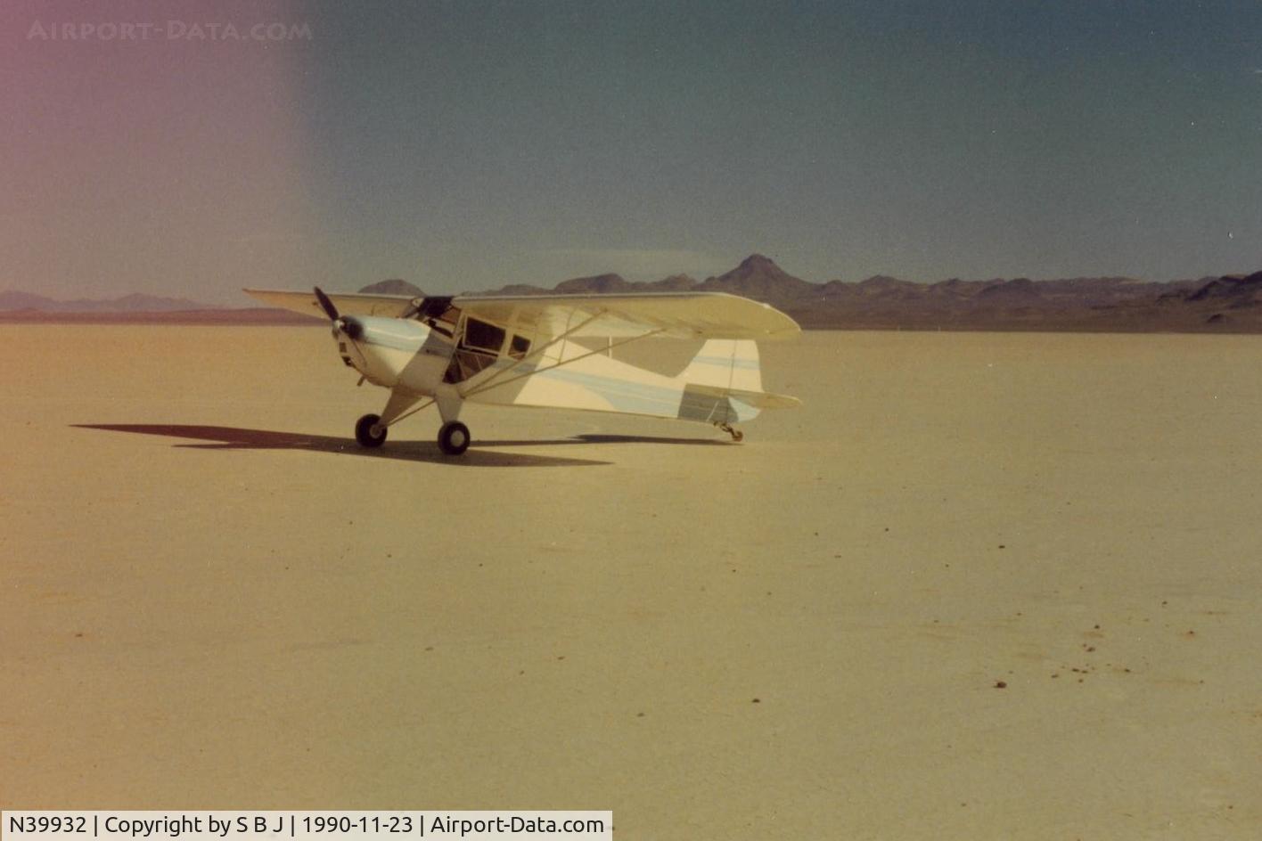 N39932, 1945 Taylorcraft BC12-D C/N 6585, 932 on Mud Lake south of Tonopah,Nv. next to R4809. Found several spent shell casings that were obviously from an aircraft, even though I was out of the restricted area.Notice the boundary posts behind 932. O well.