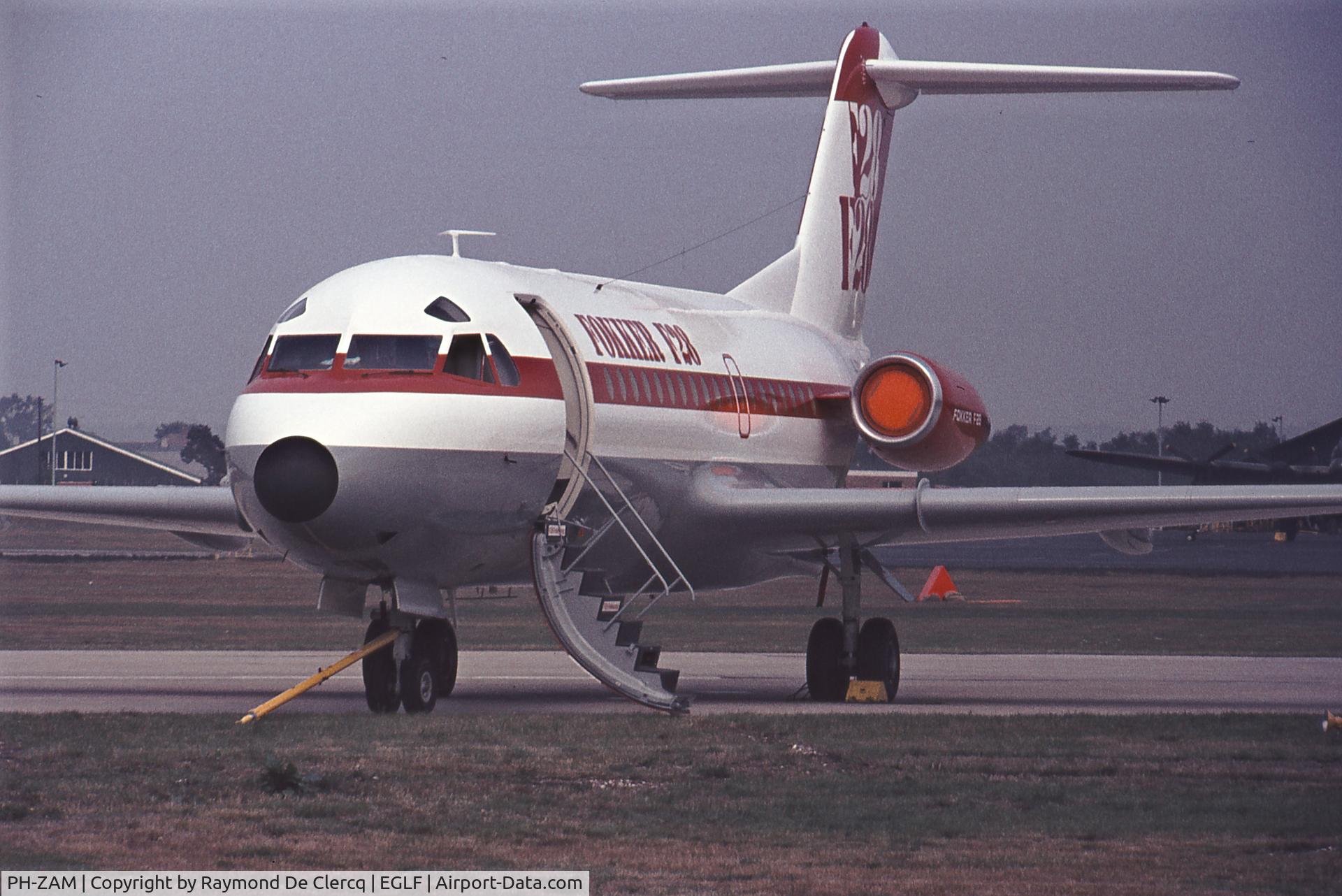 PH-ZAM, 1969 Fokker F.28-1000 Fellowship C/N 11017, Farnborough 1976.
ex EC-BVA. Later became PH-EZF  N802PH and LV-WZC.