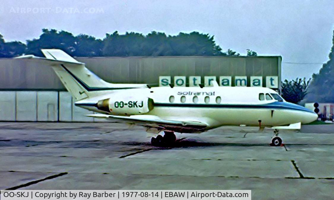 OO-SKJ, 1966 Hawker Siddeley HS.125 Series 1B/522 C/N 25089, Hawker Siddeley HS.125-1B/522 [25089] (Sotramat) Antwerp-Deurne~OO 14/08/1977. From a slide.