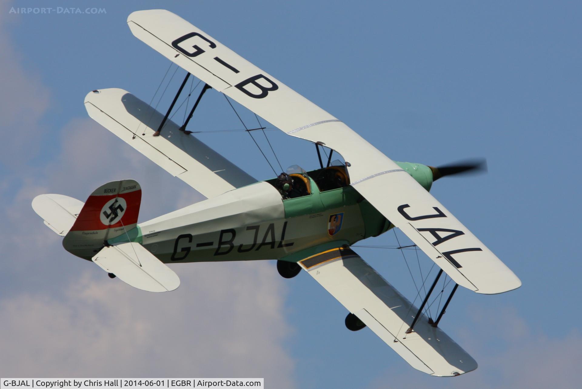 G-BJAL, 1957 Bucker 1-131E Jungmann C/N 1028, at Breighton's Open Cockpit & Biplane Fly-in, 2014