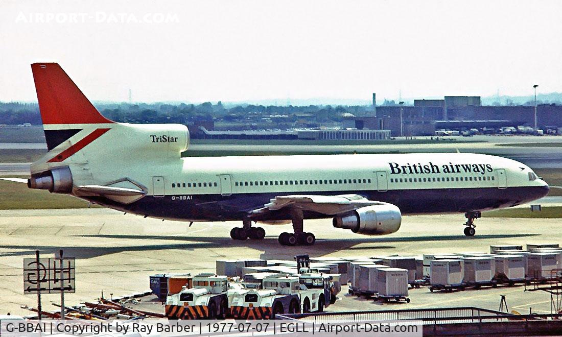 G-BBAI, 1974 Lockheed L-1011-385-1 TriStar 1 C/N 193N-1102, Lockheed L-1011 TriStar 1 [1102] (British Airways) Heathrow~G 07/07/1977. From a slide.