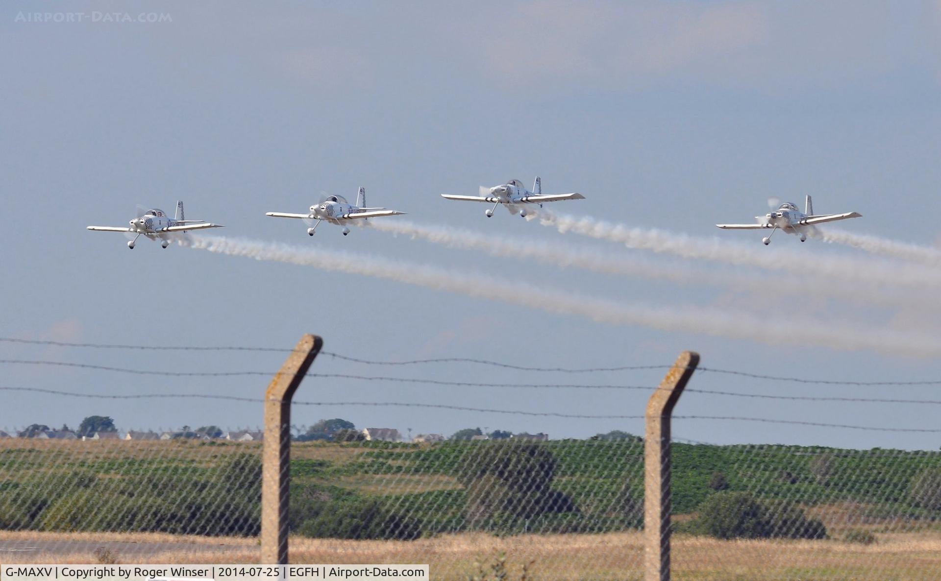 G-MAXV, 2000 Vans RV-4 C/N PFA 181-13266, Leading a 4-ship Team Raven flight in a run and break before landing at thier base. G-MAXV (Raven 1) is third from the left.
